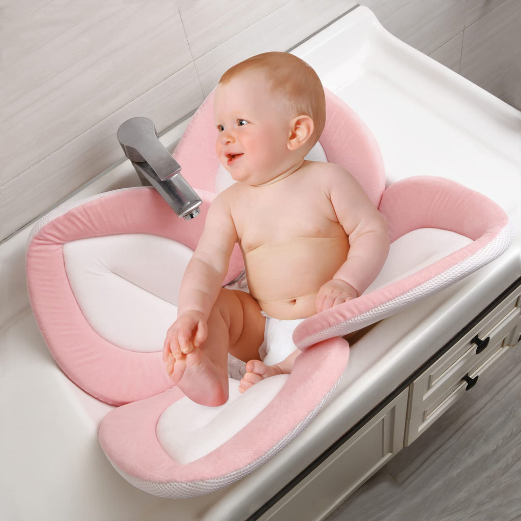 PandaEar Baby Bath Pad for Infant Newborn | Soft Flower Petals for Sink Bathtub Essentials Shower Gift (Grey)