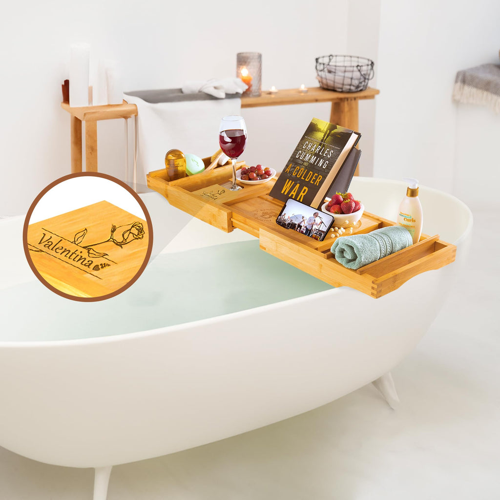 Wooden Bathtub Tray - Foldable & Expandable Bamboo Bath Tray for Tub with Wine Holder, Book & Tablet Stand - Bath Caddy Tray for Bathtub, Spa Bath Accessories, Tub Tray Table, (Brown)