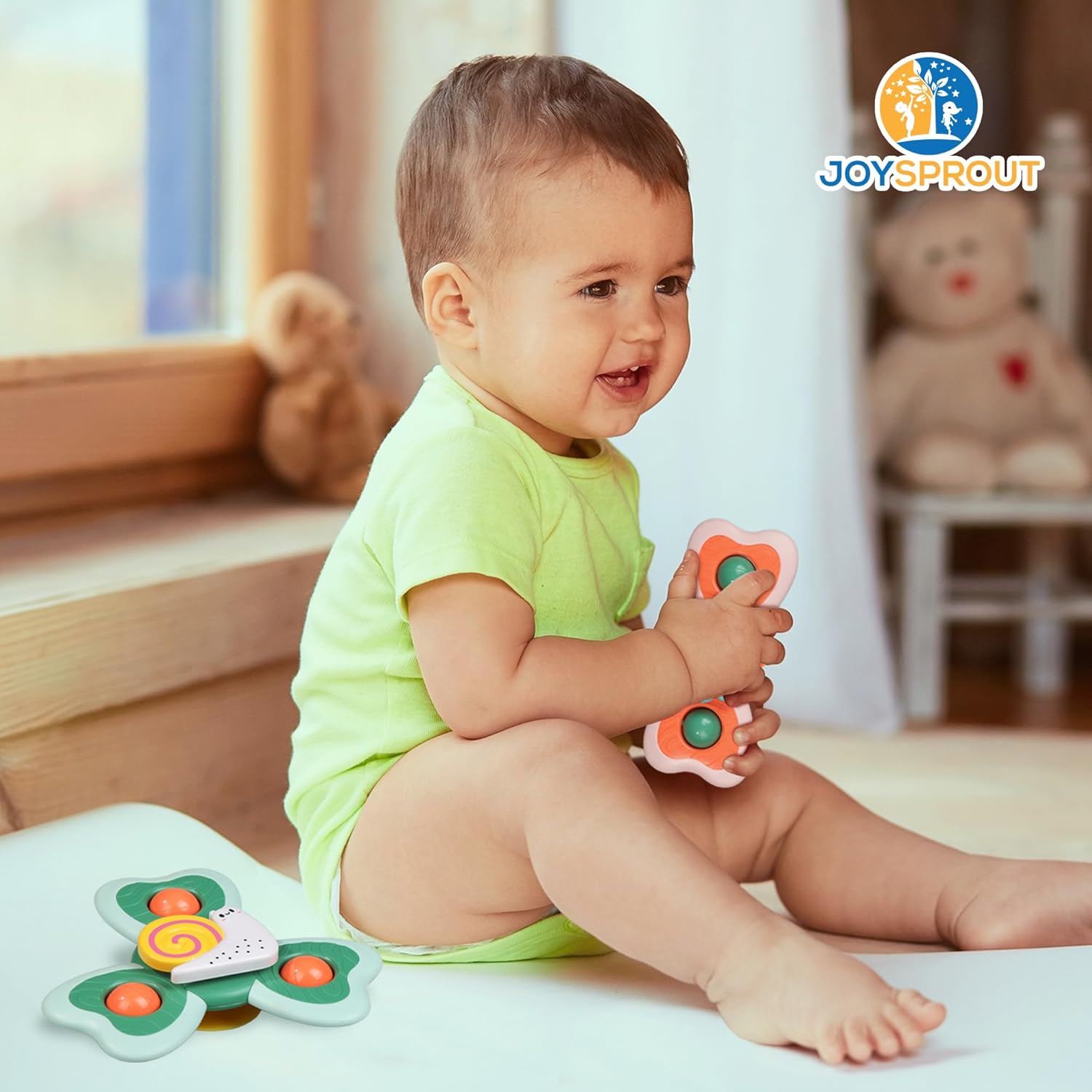 4Pcs Spinning Baby Bath Toys 12-18 Months, Suction Cup Spinner Toys for Baby, Silicone Spinners Sensory Toys for Toddlers 1-3, Airplane Car Travel Table & Window Toy for Infant