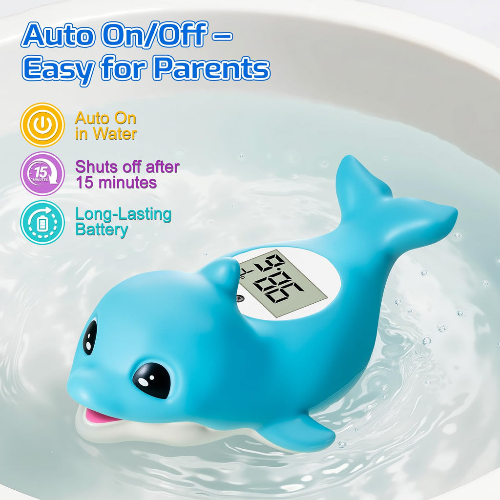Baby Bath Thermometer for Newborn – Digital Bathtub Water Temperature Thermometer – Floating Dolphin Bath Toy, °C/°F Display, Waterproof & BPA-Free