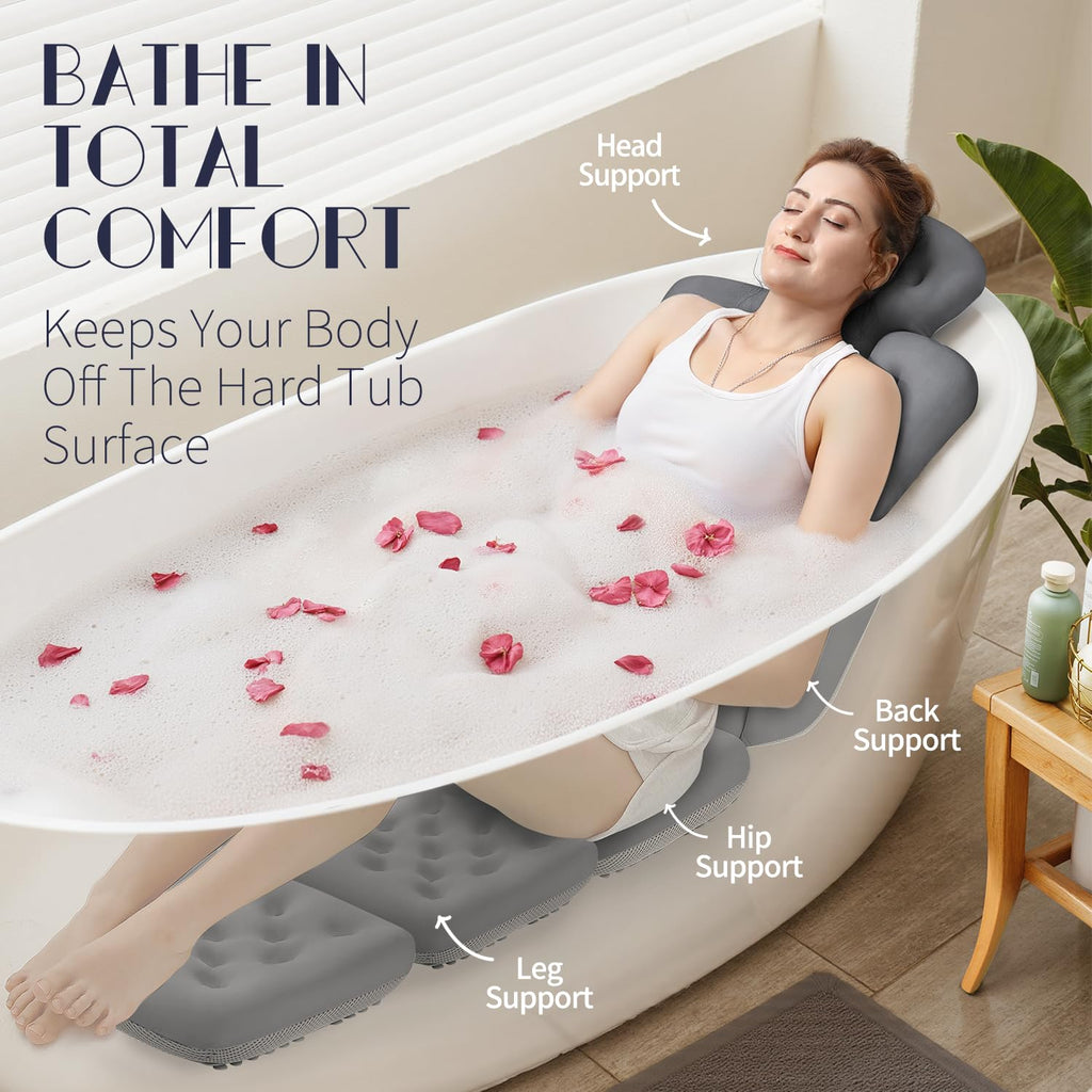 Full Body Bath Pillow for Bathtub, Thick Bathtub Cushion with Laundry Bag, Luxury Tub Pillow for Bath for Headrest Neck and Back Support Gray 51" x 16"