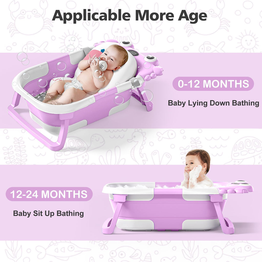 Collapsible Baby Bathtub for Newborns with Thermometer and Soft Floating Cushion Portable and Foldable Travel Baby Boy Bath Tub for Infants to Toddler 0-36 Month (Beige)