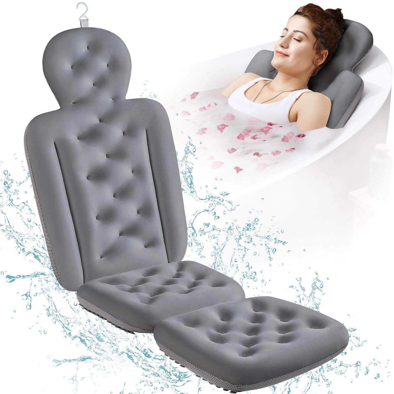 Full Body Bath Pillow for Bathtub, Thick Bathtub Cushion with Laundry Bag, Luxury Tub Pillow for Bath for Headrest Neck and Back Support Gray 51" x 16"