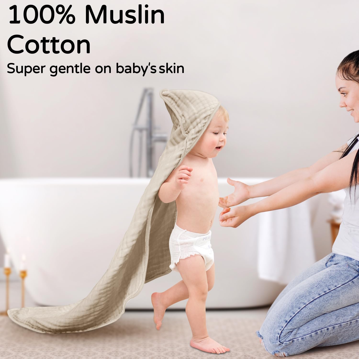 Yoofoss Hooded Baby Towels for Newborn 100% Muslin Cotton Baby Bath Towel with Hood for Babies, Infant, Toddler and Kids, Large 32x32Inch, Soft and Absorbent Newborn Essential