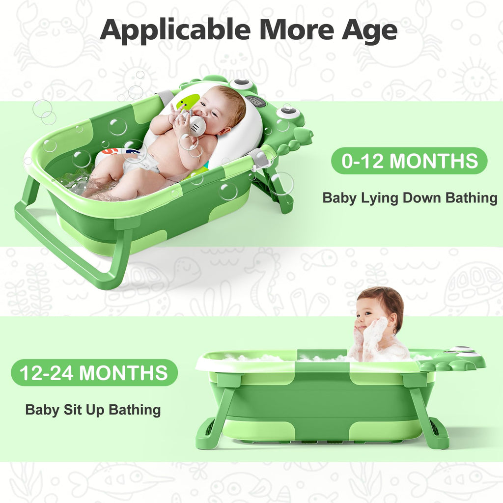 Collapsible Baby Bathtub for Newborns with Thermometer and Soft Floating Cushion Portable and Foldable Travel Baby Boy Bath Tub for Infants to Toddler 0-36 Month (Beige)