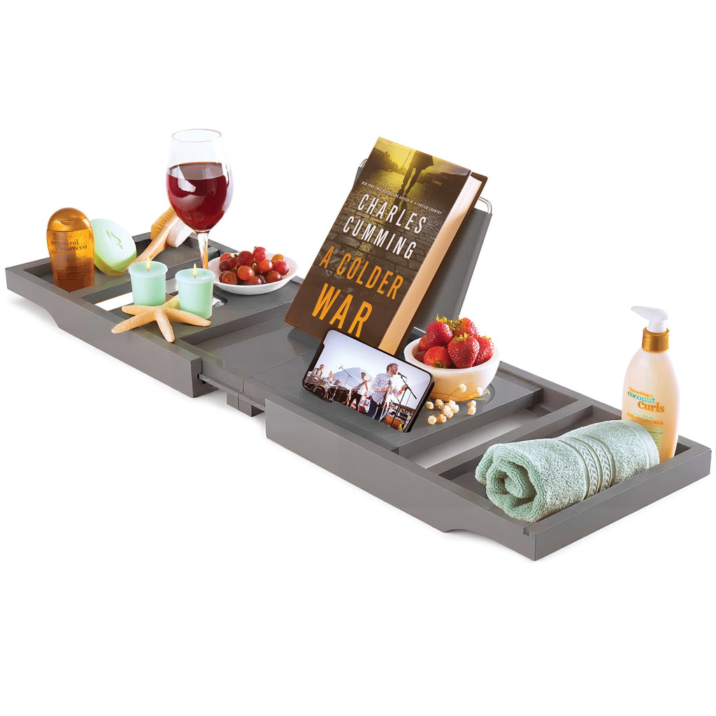 Wooden Bathtub Tray - Foldable & Expandable Bamboo Bath Tray for Tub with Wine Holder, Book & Tablet Stand - Bath Caddy Tray for Bathtub, Spa Bath Accessories, Tub Tray Table, (Brown)