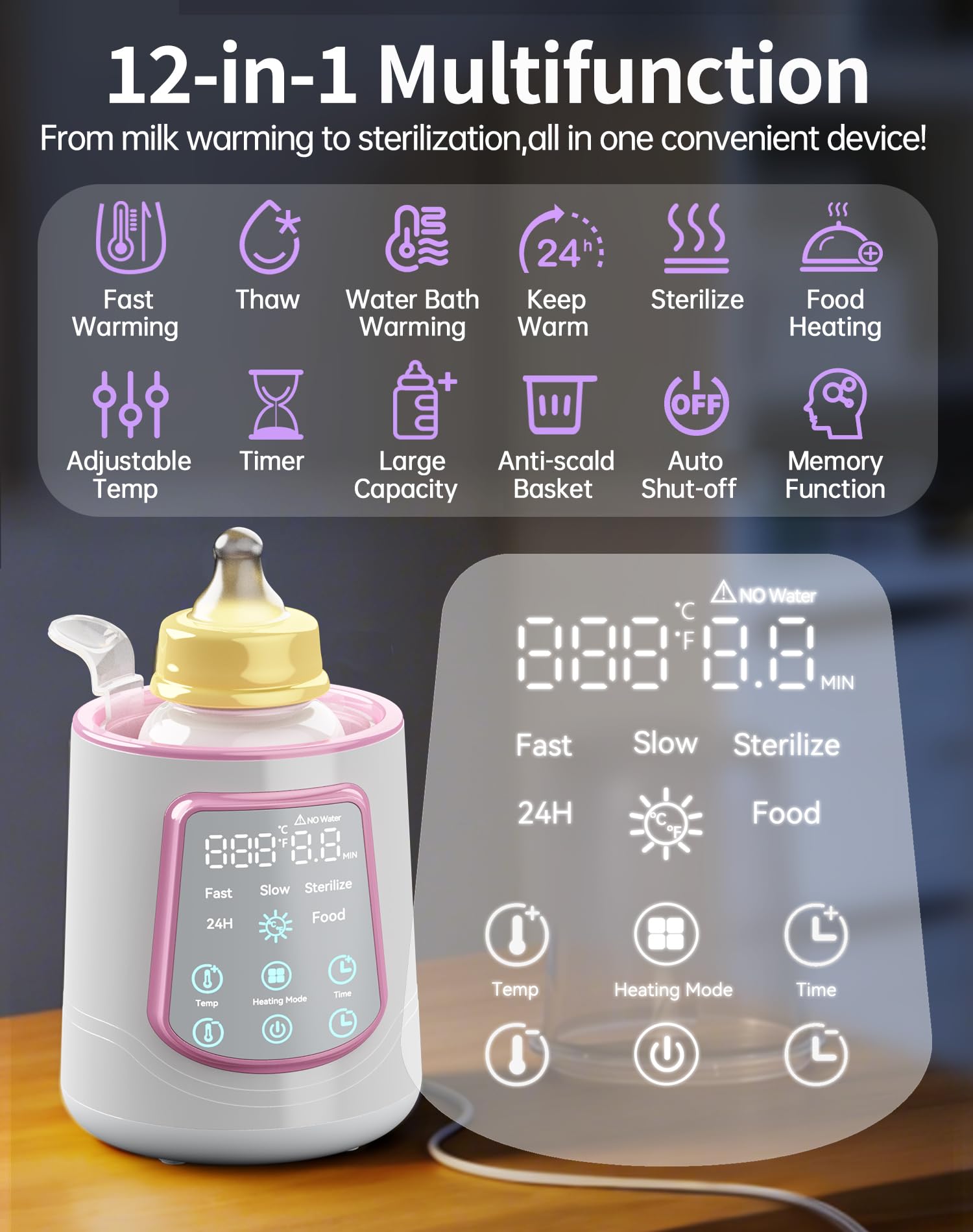 Fast Baby Bottle Warmer for Breastmilk, Smart 12 in 1 Breast Milk Warmer for Baby Essentials with Timer Temperature Control, Sterili-zing, Water Bath Technology, Baby Warmer for All Bottles Pink