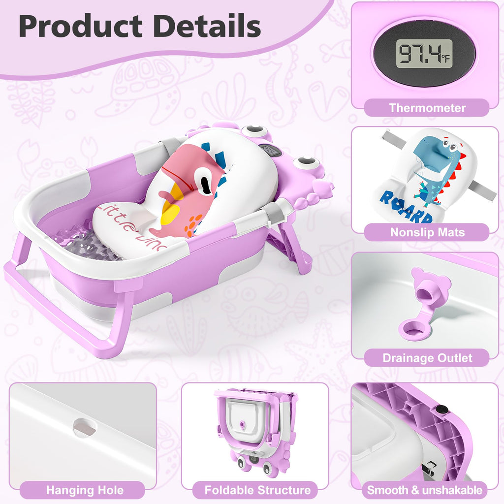 Collapsible Baby Bathtub for Newborns with Thermometer and Soft Floating Cushion Portable and Foldable Travel Baby Boy Bath Tub for Infants to Toddler 0-36 Month (Beige)