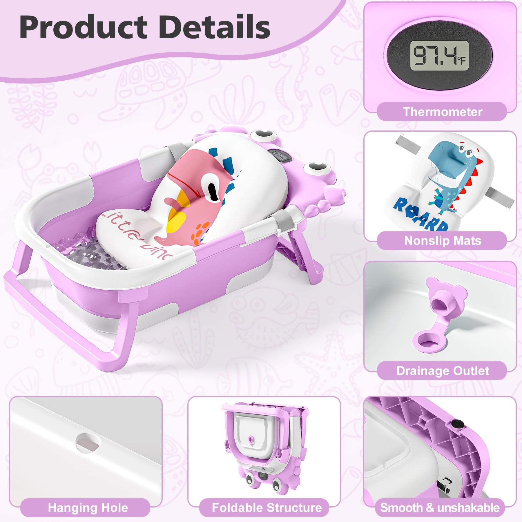Collapsible Baby Bathtub for Newborns with Thermometer and Soft Floating Cushion Portable and Foldable Travel Baby Boy Bath Tub for Infants to Toddler 0-36 Month (Beige)