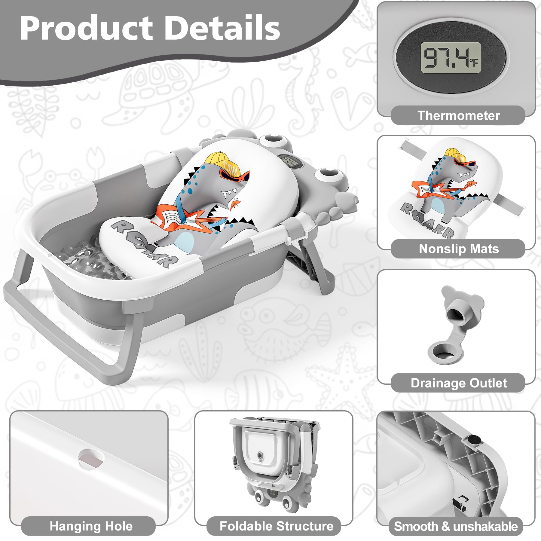 Collapsible Baby Bathtub for Newborns with Thermometer and Soft Floating Cushion Portable and Foldable Travel Baby Boy Bath Tub for Infants to Toddler 0-36 Month (Beige)