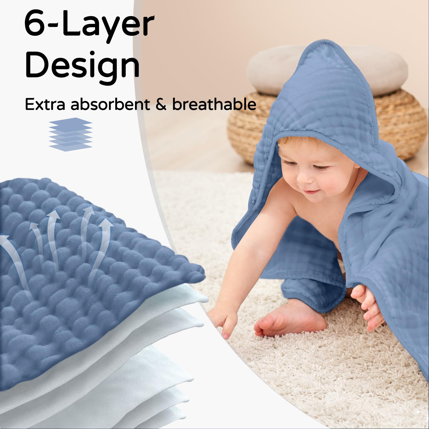 Yoofoss Hooded Baby Towels for Newborn 100% Muslin Cotton Baby Bath Towel with Hood for Babies, Infant, Toddler and Kids, Large 32x32Inch, Soft and Absorbent Newborn Essential