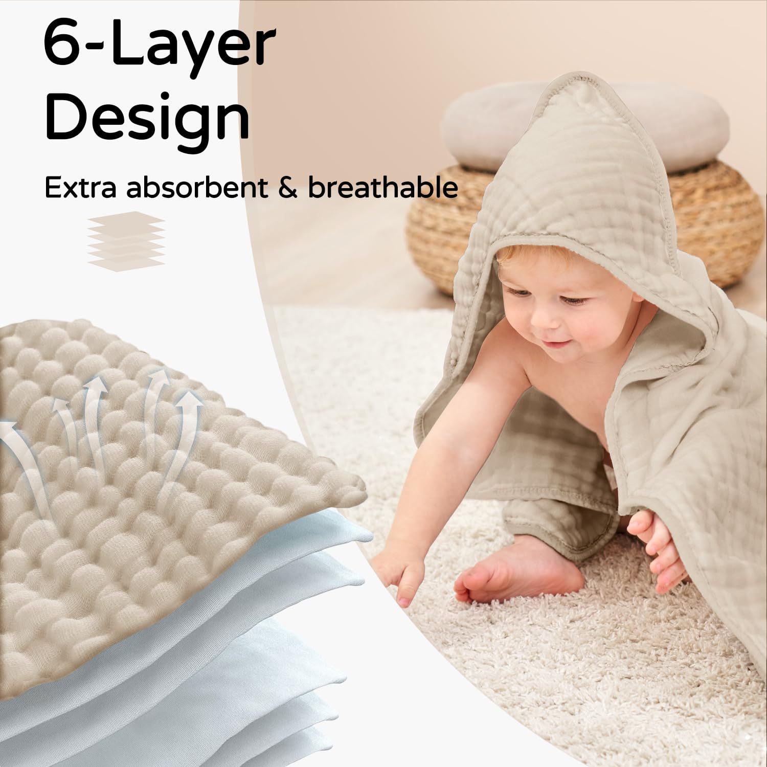 Yoofoss Hooded Baby Towels for Newborn 100% Muslin Cotton Baby Bath Towel with Hood for Babies, Infant, Toddler and Kids, Large 32x32Inch, Soft and Absorbent Newborn Essential