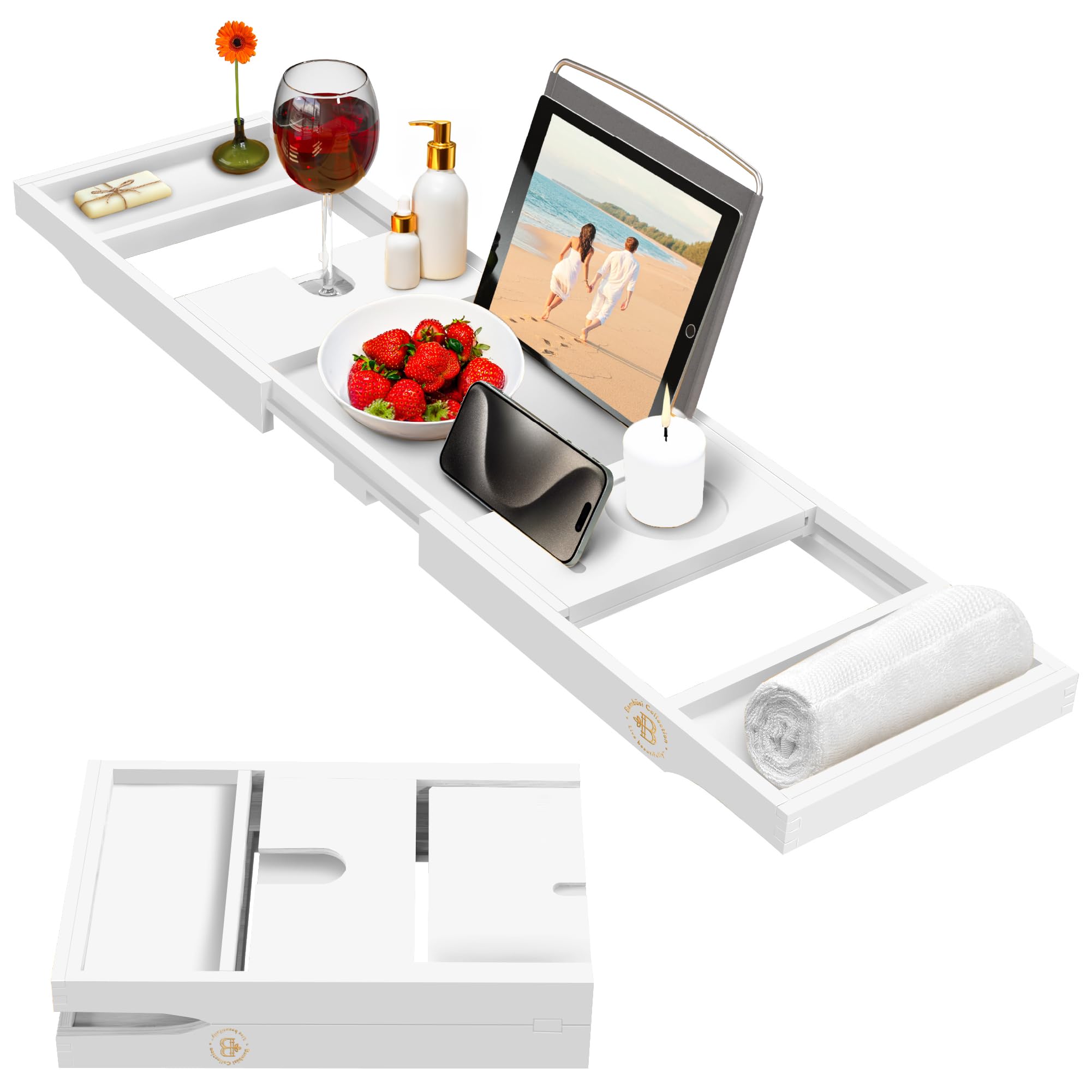 Wooden Bathtub Tray - Foldable & Expandable Bamboo Bath Tray for Tub with Wine Holder, Book & Tablet Stand - Bath Caddy Tray for Bathtub, Spa Bath Accessories, Tub Tray Table, (Brown)