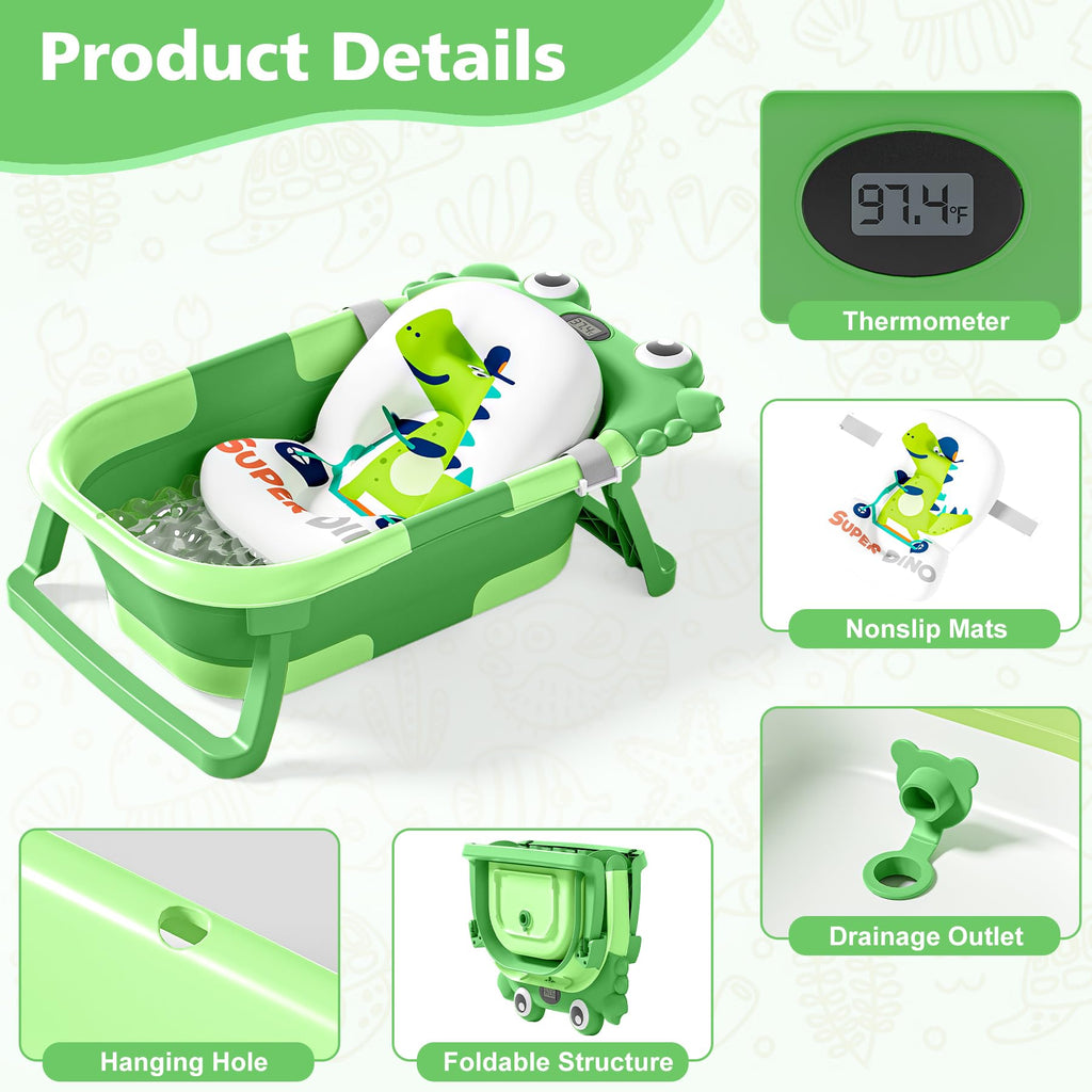 Collapsible Baby Bathtub for Newborns with Thermometer and Soft Floating Cushion Portable and Foldable Travel Baby Boy Bath Tub for Infants to Toddler 0-36 Month (Beige)
