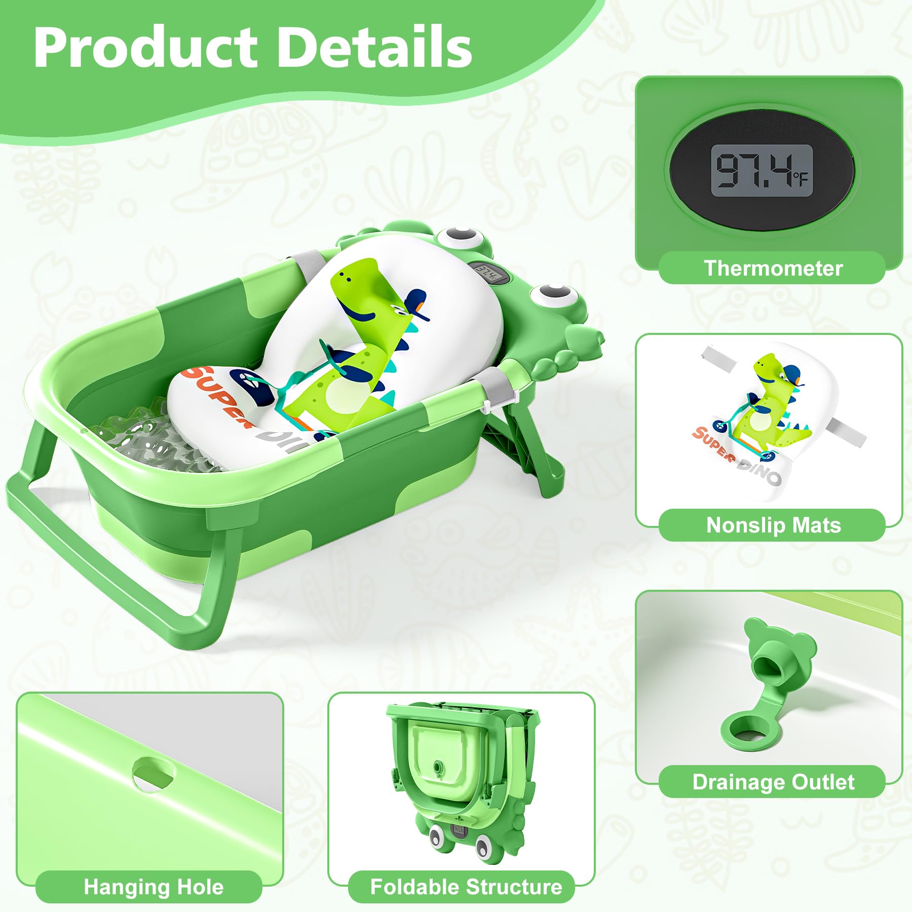Collapsible Baby Bathtub for Newborns with Thermometer and Soft Floating Cushion Portable and Foldable Travel Baby Boy Bath Tub for Infants to Toddler 0-36 Month (Beige)