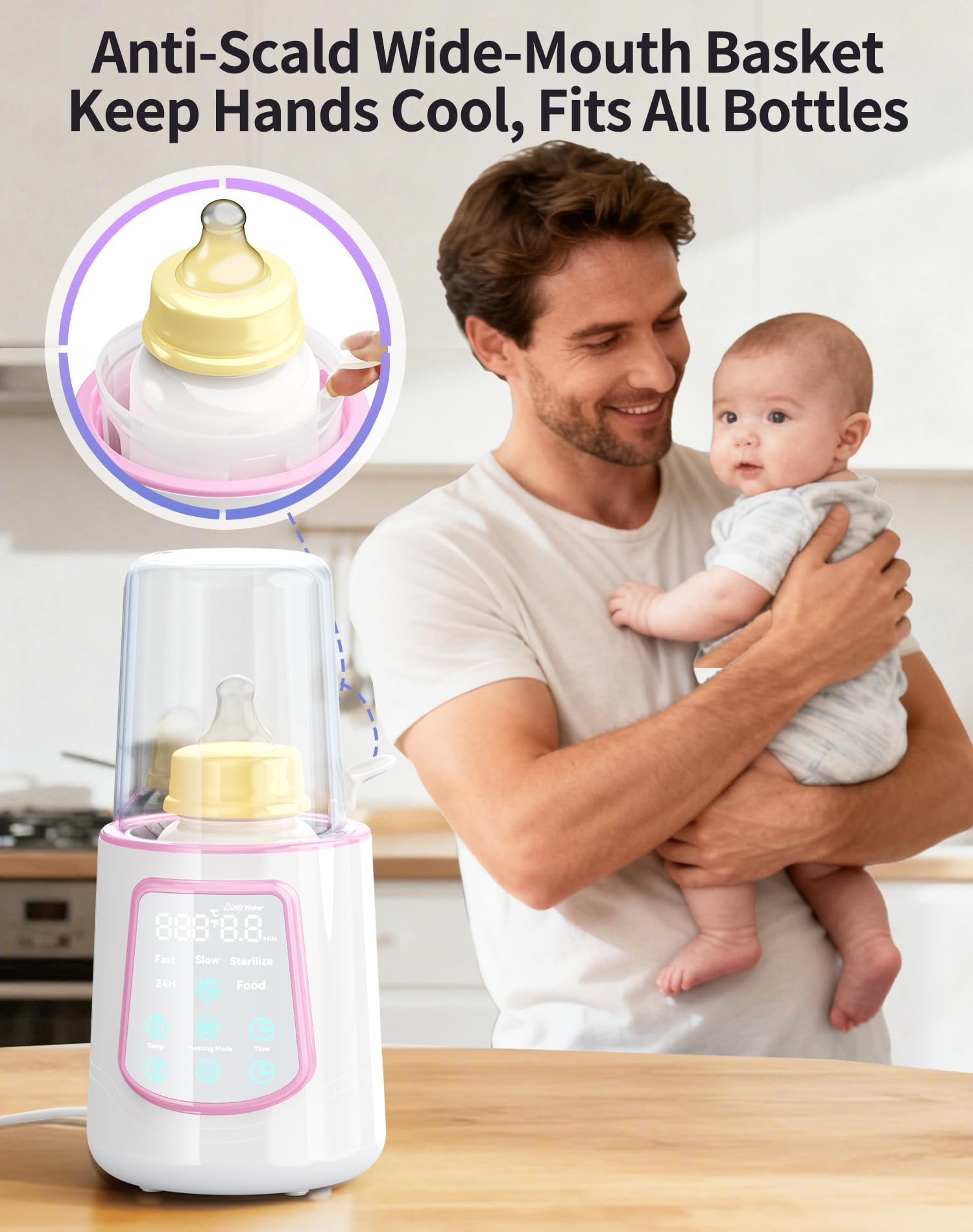 Fast Baby Bottle Warmer for Breastmilk, Smart 12 in 1 Breast Milk Warmer for Baby Essentials with Timer Temperature Control, Sterili-zing, Water Bath Technology, Baby Warmer for All Bottles Pink