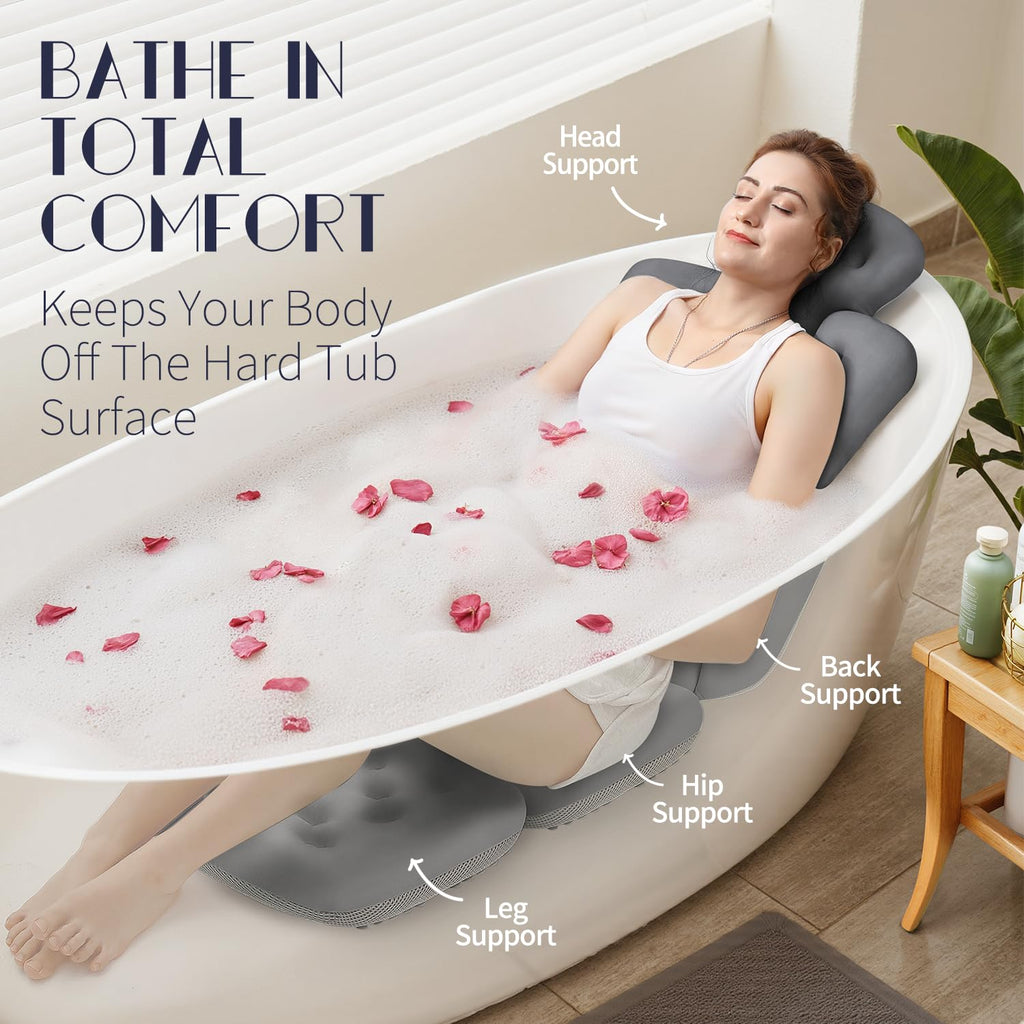 Full Body Bath Pillow for Bathtub, Thick Bathtub Cushion with Laundry Bag, Luxury Tub Pillow for Bath for Headrest Neck and Back Support Gray 51" x 16"