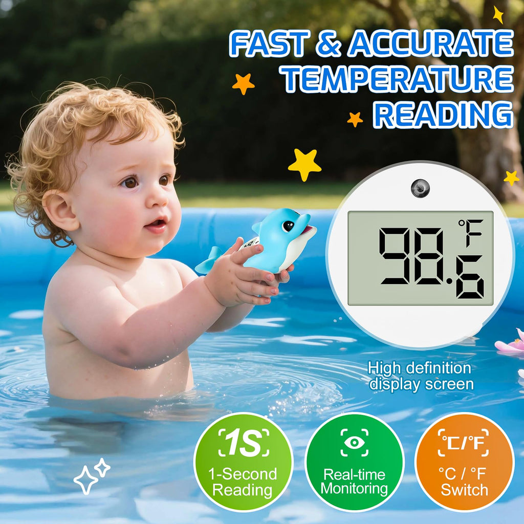 Baby Bath Thermometer for Newborn – Digital Bathtub Water Temperature Thermometer – Floating Dolphin Bath Toy, °C/°F Display, Waterproof & BPA-Free