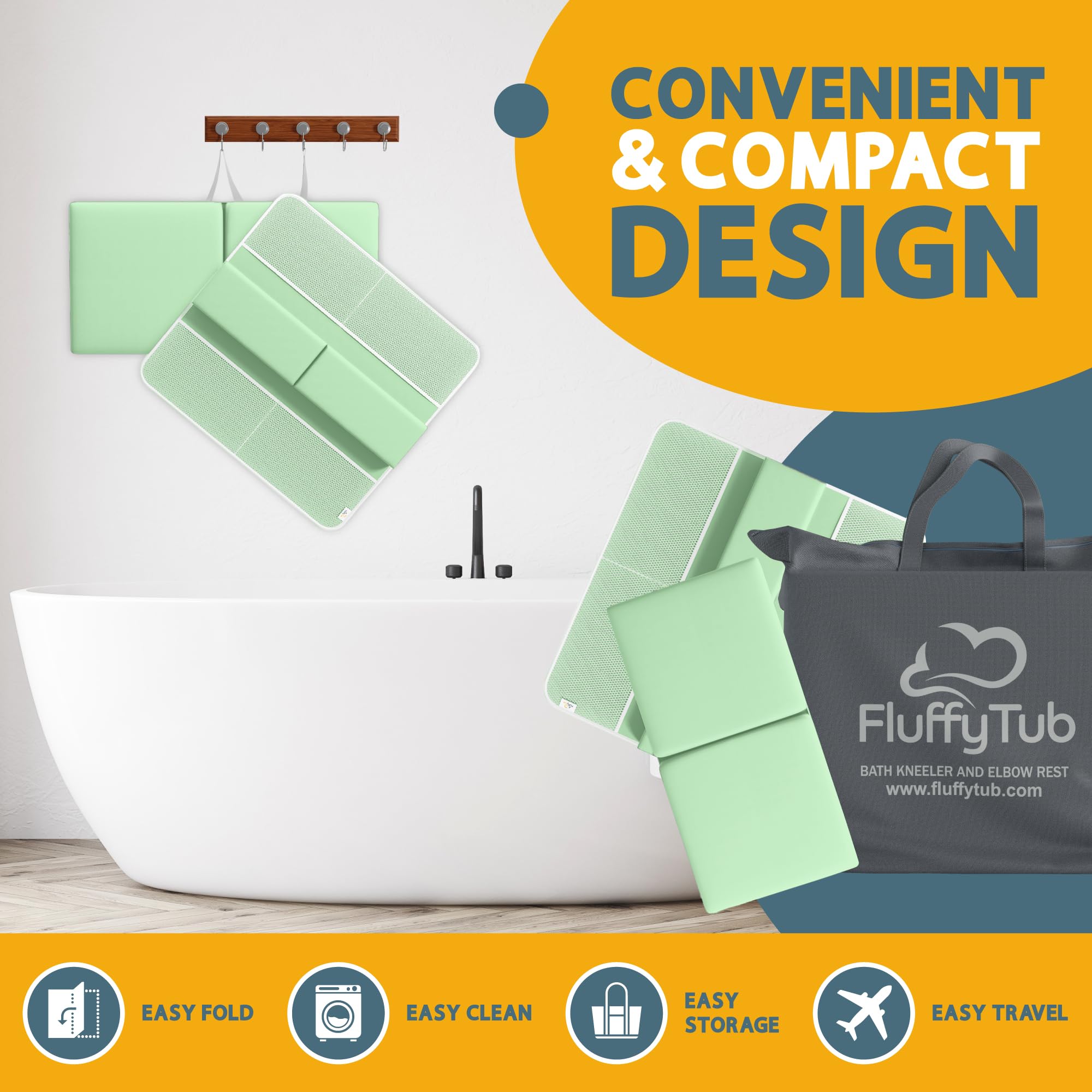 Bath Kneeler And Elbow Rest Pad Set, 2-Inch Thick Memory Foam, Water-Resistant, with Toy Organizer