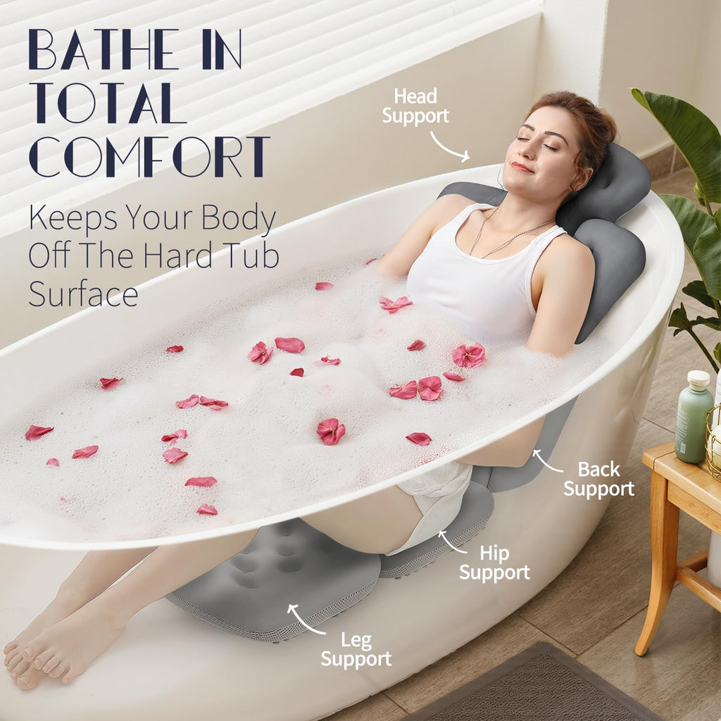 Full Body Bath Pillow for Bathtub, Thick Bathtub Cushion with Laundry Bag, Luxury Tub Pillow for Bath for Headrest Neck and Back Support Gray 51" x 16"