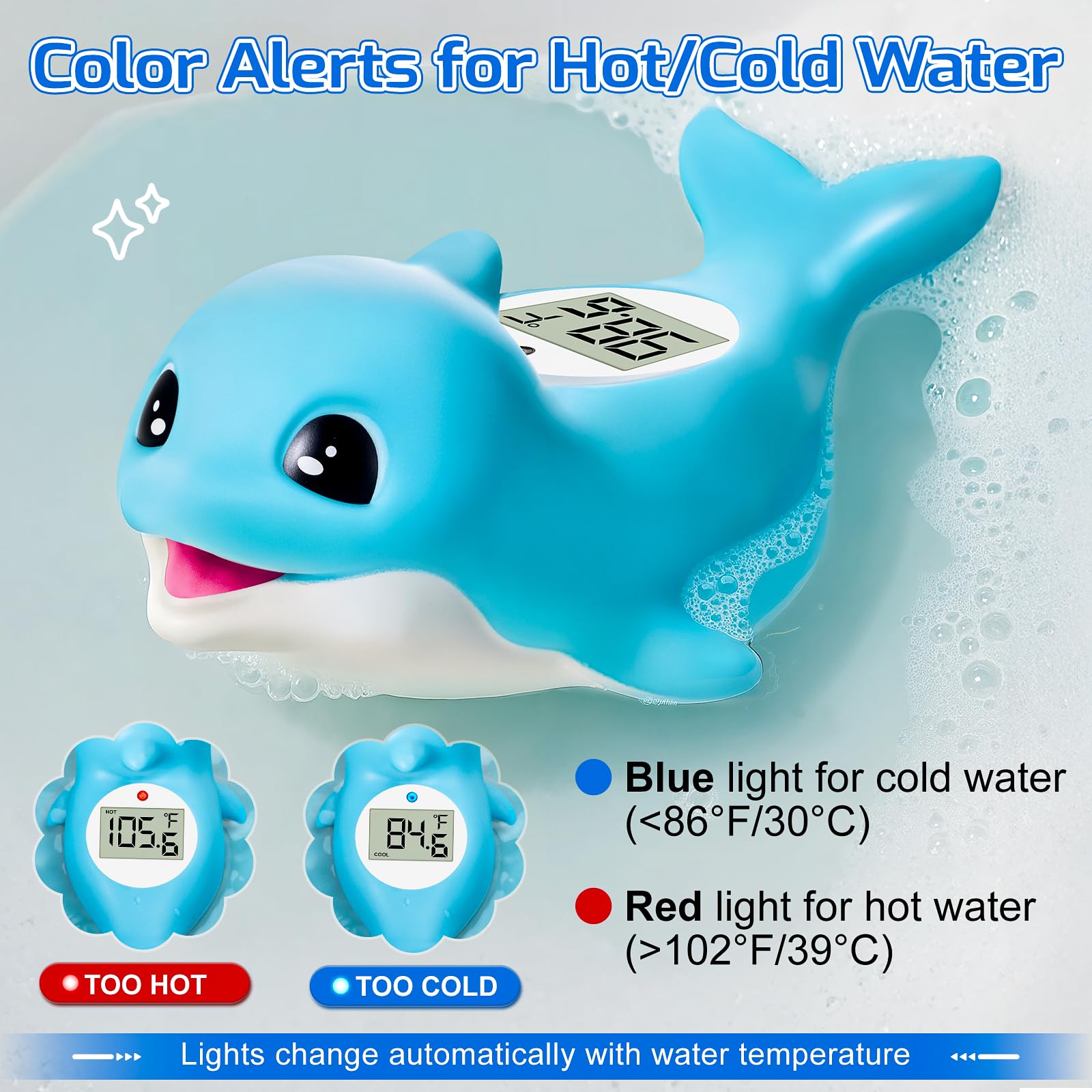 Baby Bath Thermometer for Newborn – Digital Bathtub Water Temperature Thermometer – Floating Dolphin Bath Toy, °C/°F Display, Waterproof & BPA-Free