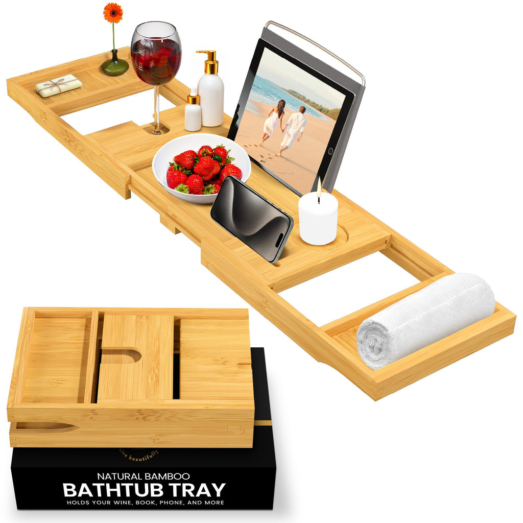Wooden Bathtub Tray - Foldable & Expandable Bamboo Bath Tray for Tub with Wine Holder, Book & Tablet Stand - Bath Caddy Tray for Bathtub, Spa Bath Accessories, Tub Tray Table, (Brown)