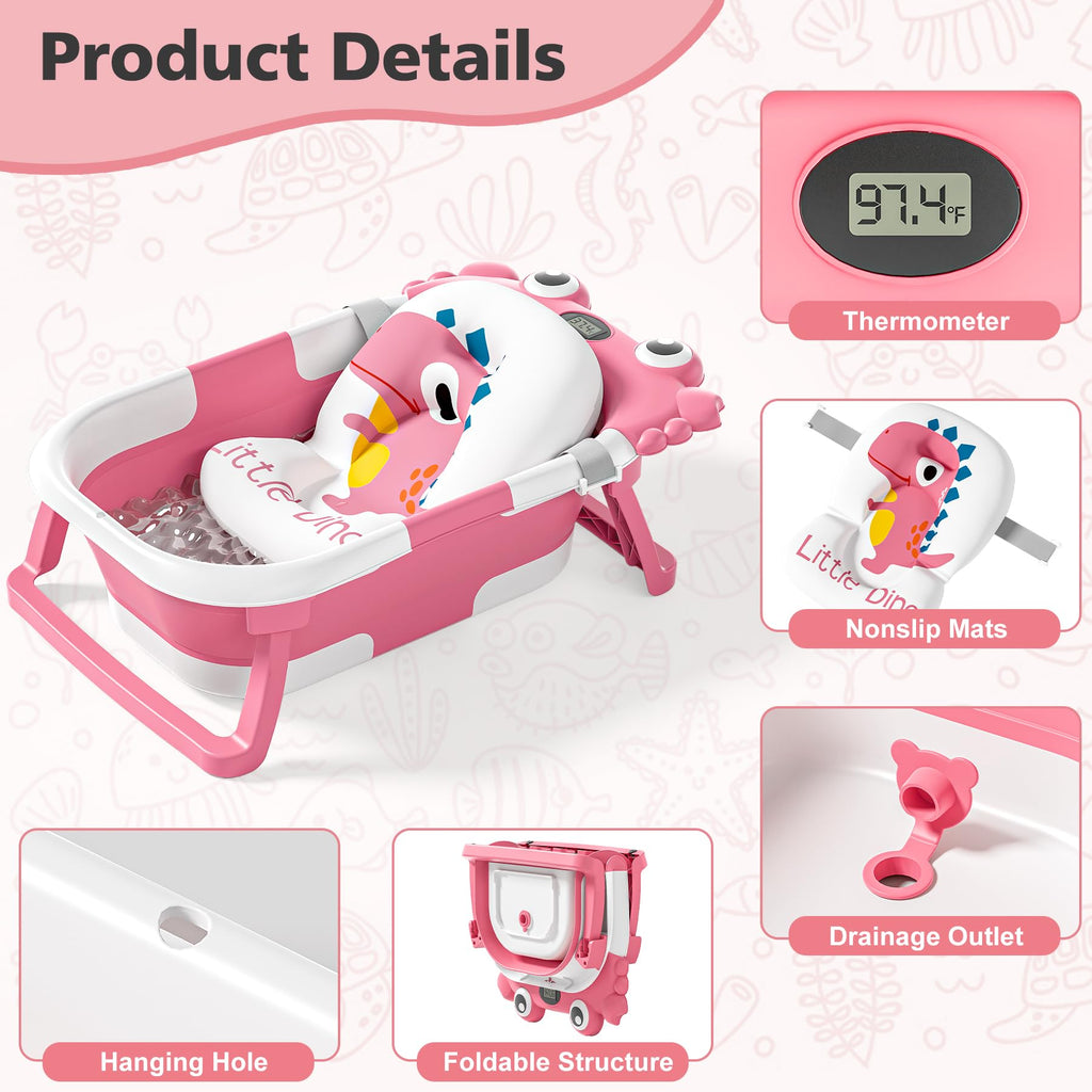 Collapsible Baby Bathtub for Newborns with Thermometer and Soft Floating Cushion Portable and Foldable Travel Baby Boy Bath Tub for Infants to Toddler 0-36 Month (Beige)