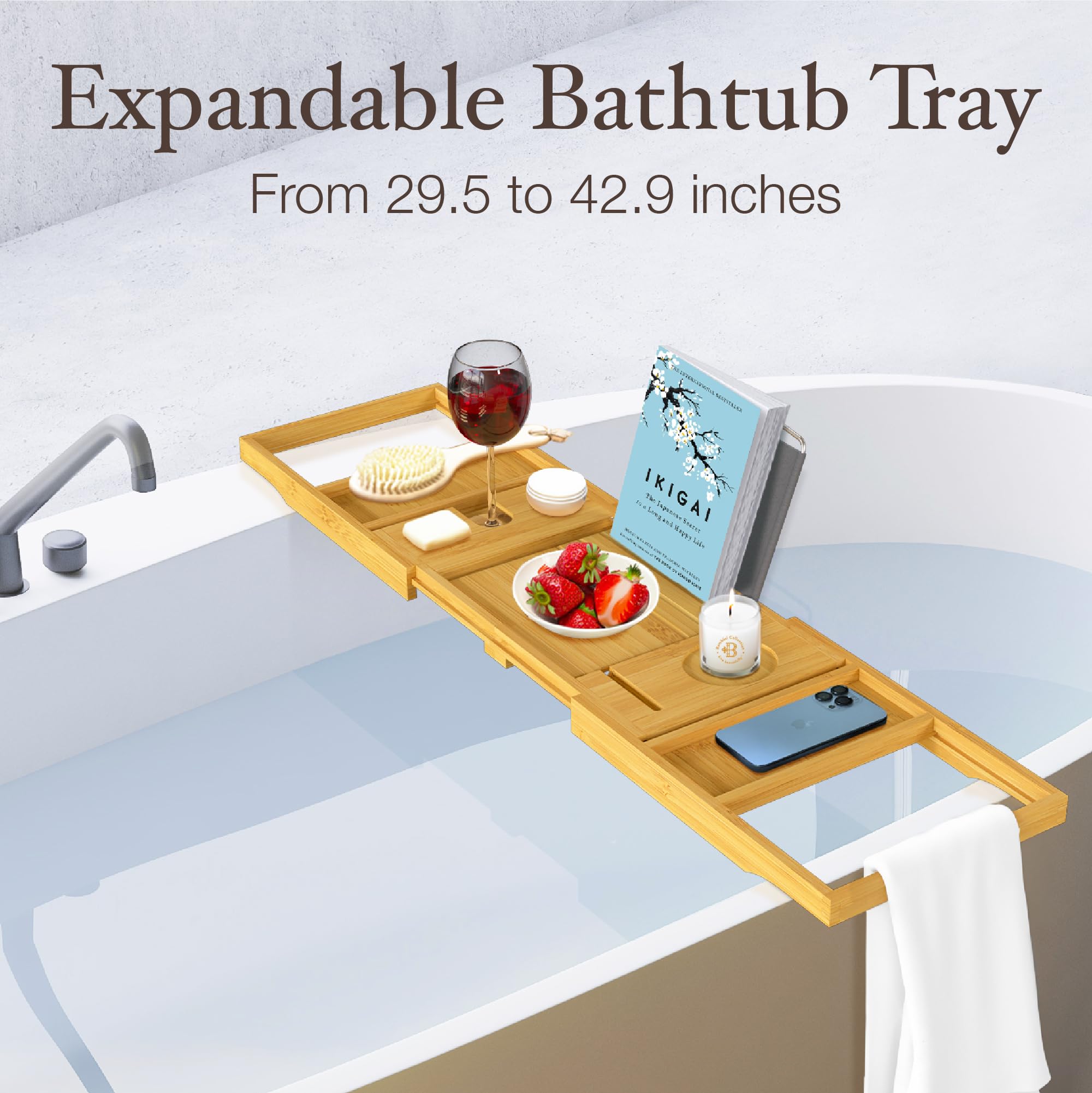 Wooden Bathtub Tray - Foldable & Expandable Bamboo Bath Tray for Tub with Wine Holder, Book & Tablet Stand - Bath Caddy Tray for Bathtub, Spa Bath Accessories, Tub Tray Table, (Brown)