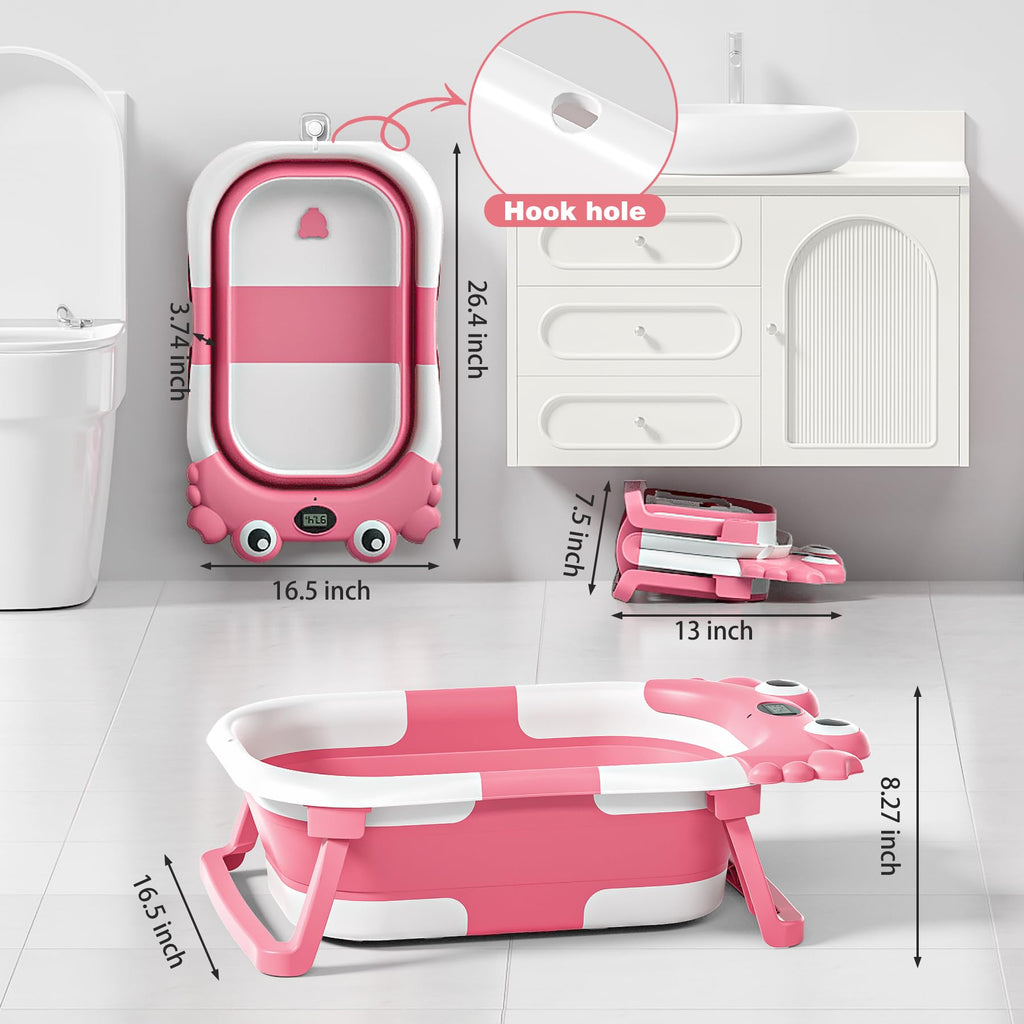 Collapsible Baby Bathtub for Newborns with Thermometer and Soft Floating Cushion Portable and Foldable Travel Baby Boy Bath Tub for Infants to Toddler 0-36 Month (Beige)