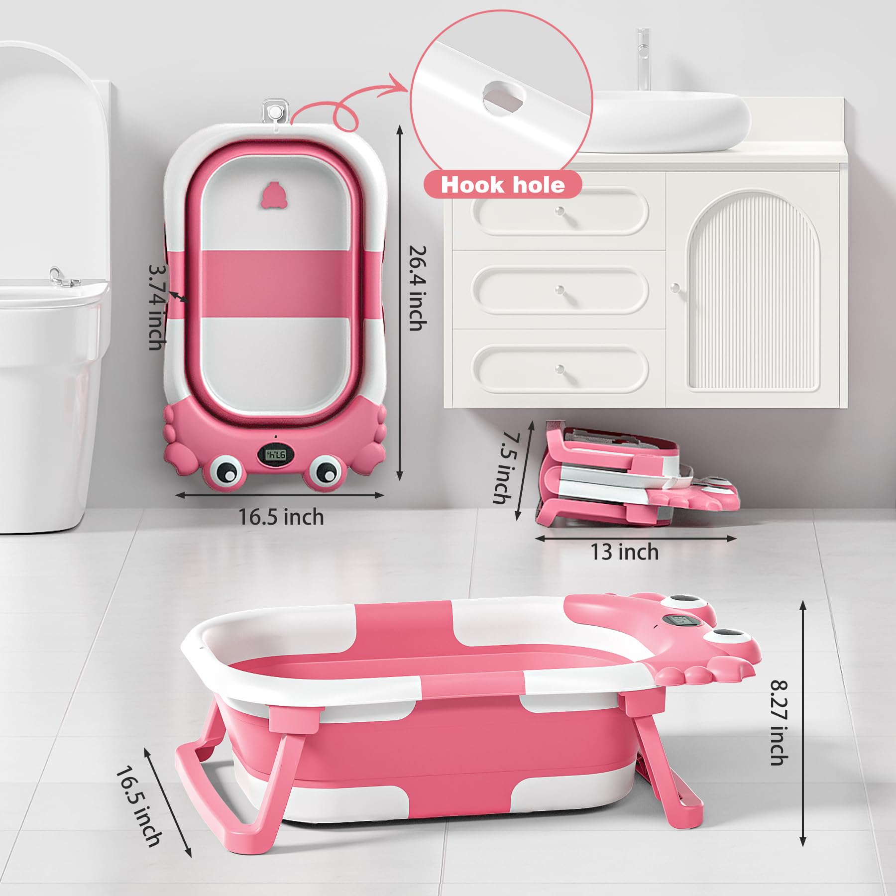 Collapsible Baby Bathtub for Newborns with Thermometer and Soft Floating Cushion Portable and Foldable Travel Baby Boy Bath Tub for Infants to Toddler 0-36 Month (Beige)