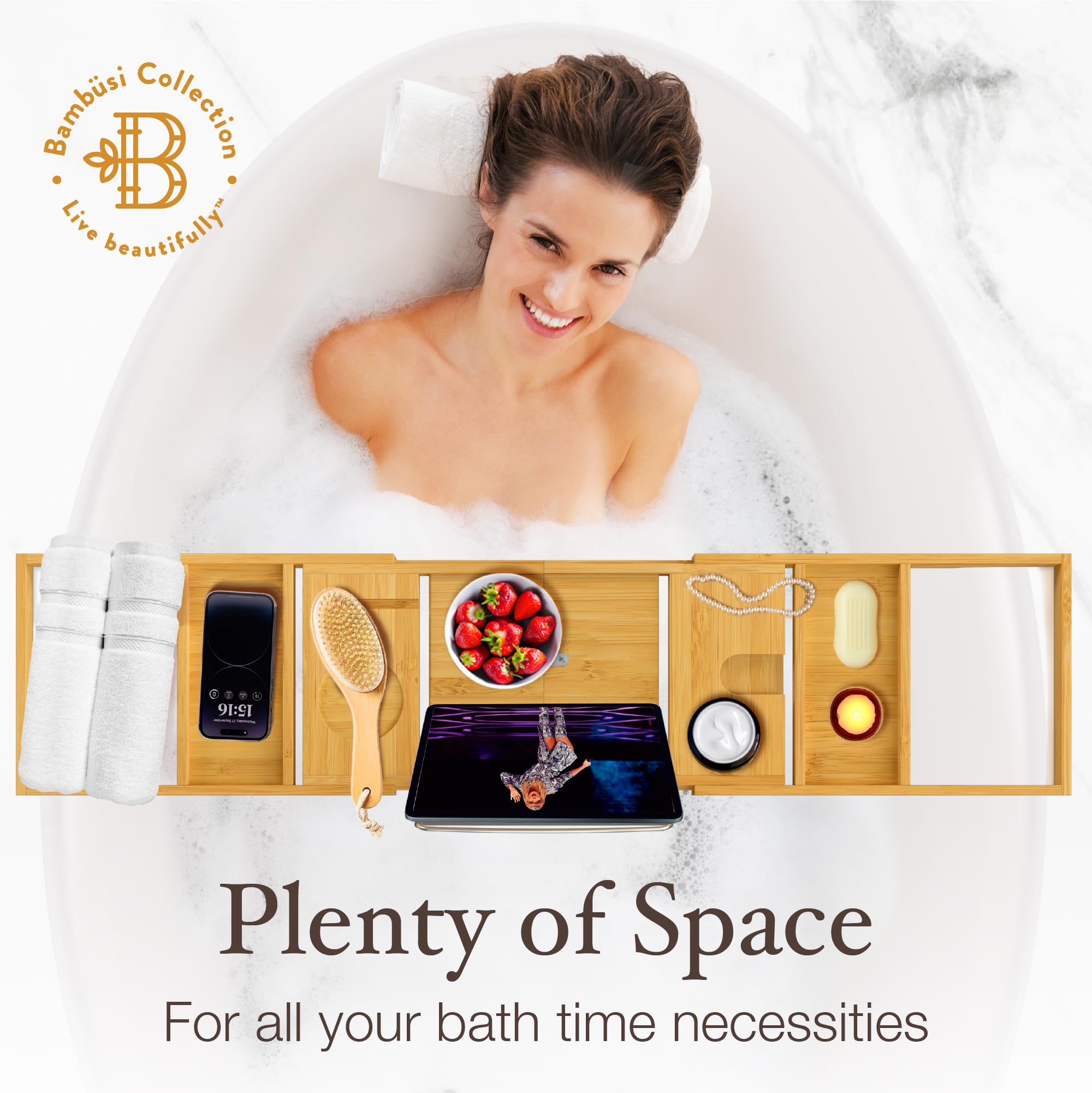 Wooden Bathtub Tray - Foldable & Expandable Bamboo Bath Tray for Tub with Wine Holder, Book & Tablet Stand - Bath Caddy Tray for Bathtub, Spa Bath Accessories, Tub Tray Table, (Brown)