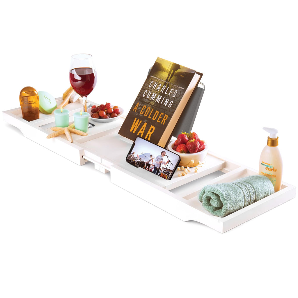 Wooden Bathtub Tray - Foldable & Expandable Bamboo Bath Tray for Tub with Wine Holder, Book & Tablet Stand - Bath Caddy Tray for Bathtub, Spa Bath Accessories, Tub Tray Table, (Brown)