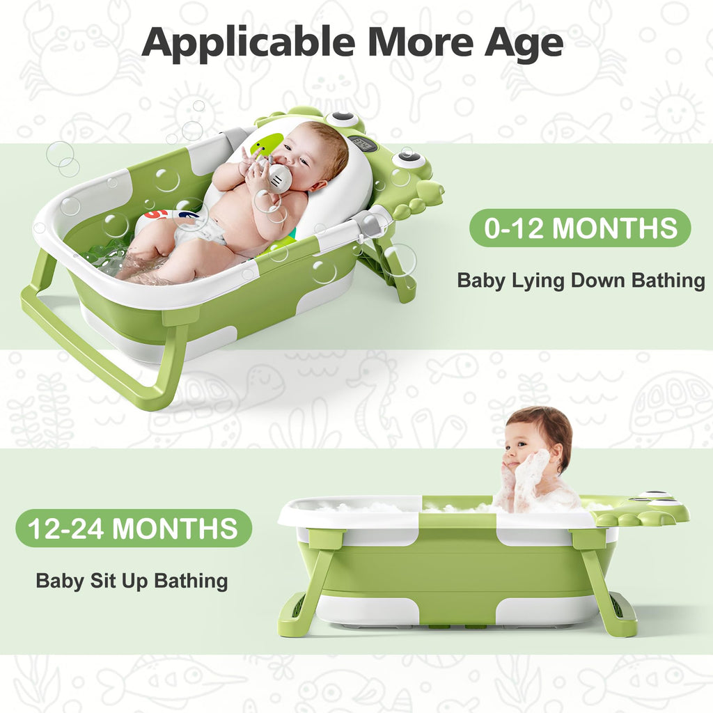 Collapsible Baby Bathtub for Newborns with Thermometer and Soft Floating Cushion Portable and Foldable Travel Baby Boy Bath Tub for Infants to Toddler 0-36 Month (Beige)