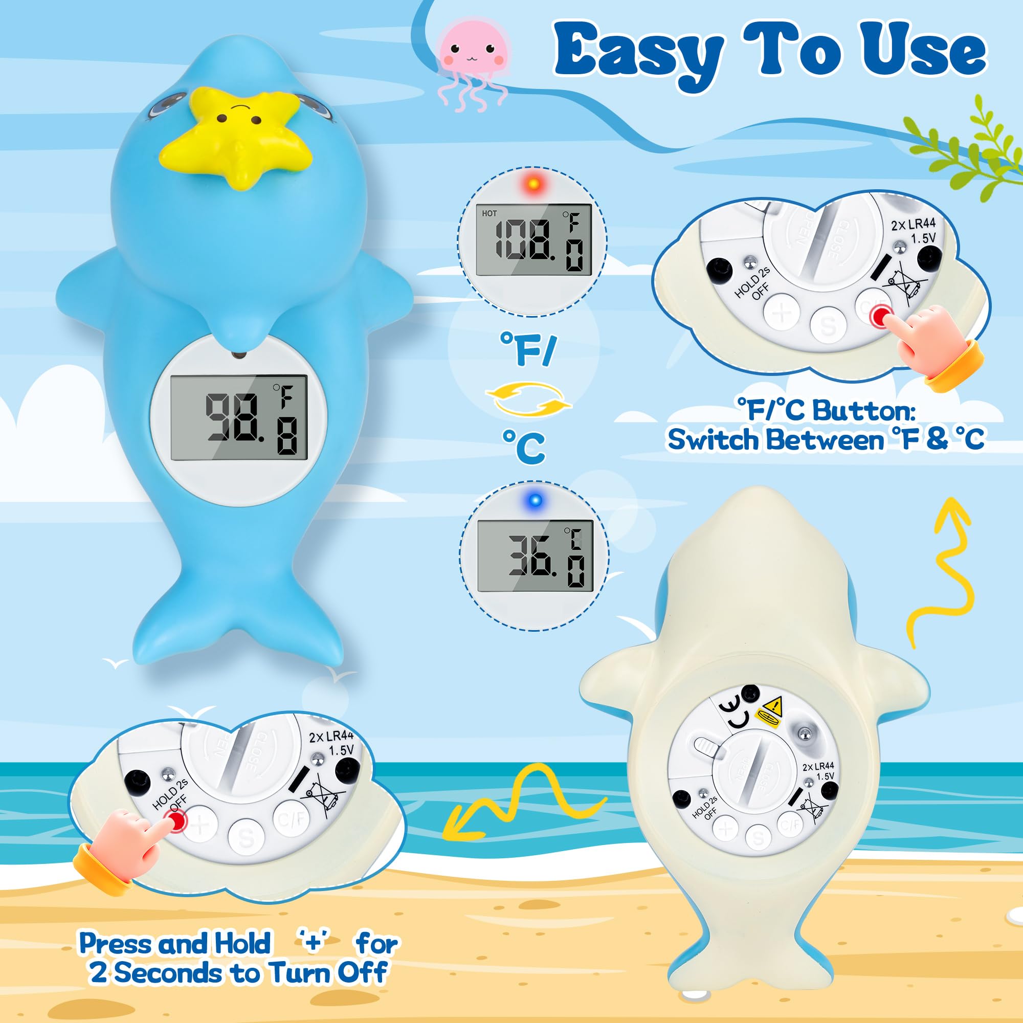 Baby Bath Thermometer for Newborn – Digital Bathtub Water Temperature Thermometer – Floating Dolphin Bath Toy, °C/°F Display, Waterproof & BPA-Free