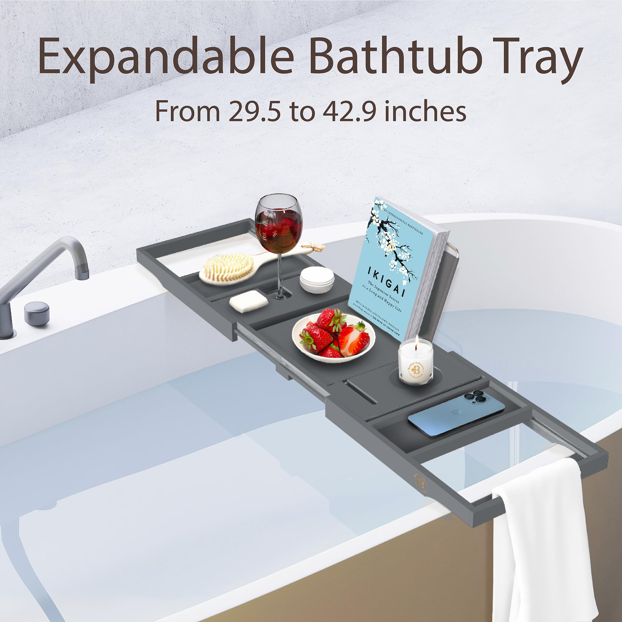 Wooden Bathtub Tray - Foldable & Expandable Bamboo Bath Tray for Tub with Wine Holder, Book & Tablet Stand - Bath Caddy Tray for Bathtub, Spa Bath Accessories, Tub Tray Table, (Brown)