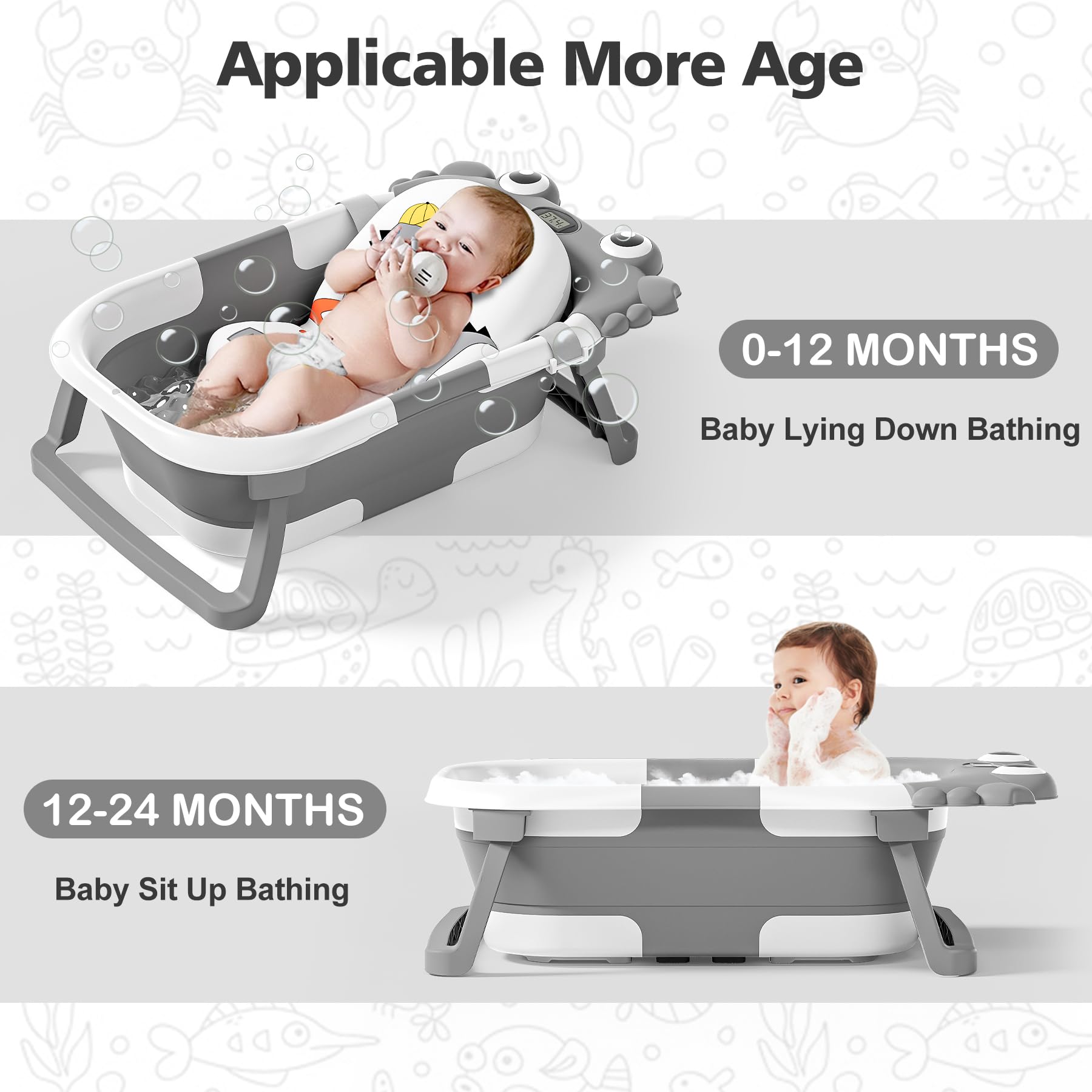 Collapsible Baby Bathtub for Newborns with Thermometer and Soft Floating Cushion Portable and Foldable Travel Baby Boy Bath Tub for Infants to Toddler 0-36 Month (Beige)