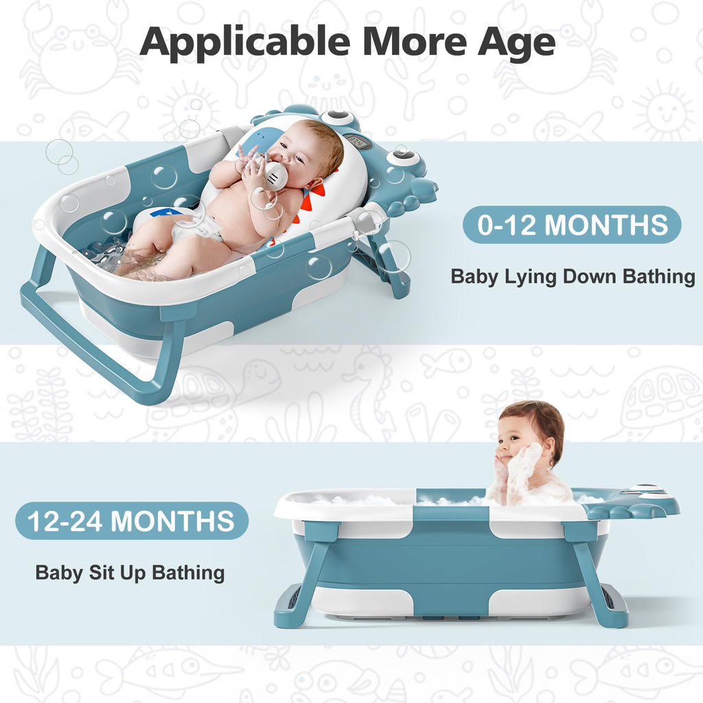 Collapsible Baby Bathtub for Newborns with Thermometer and Soft Floating Cushion Portable and Foldable Travel Baby Boy Bath Tub for Infants to Toddler 0-36 Month (Beige)