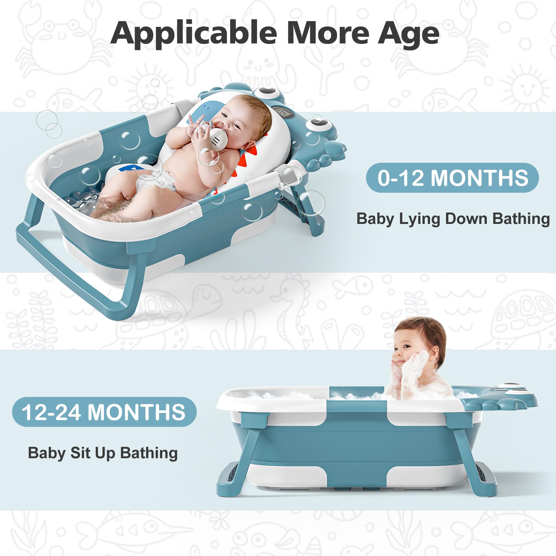 Collapsible Baby Bathtub for Newborns with Thermometer and Soft Floating Cushion Portable and Foldable Travel Baby Boy Bath Tub for Infants to Toddler 0-36 Month (Beige)