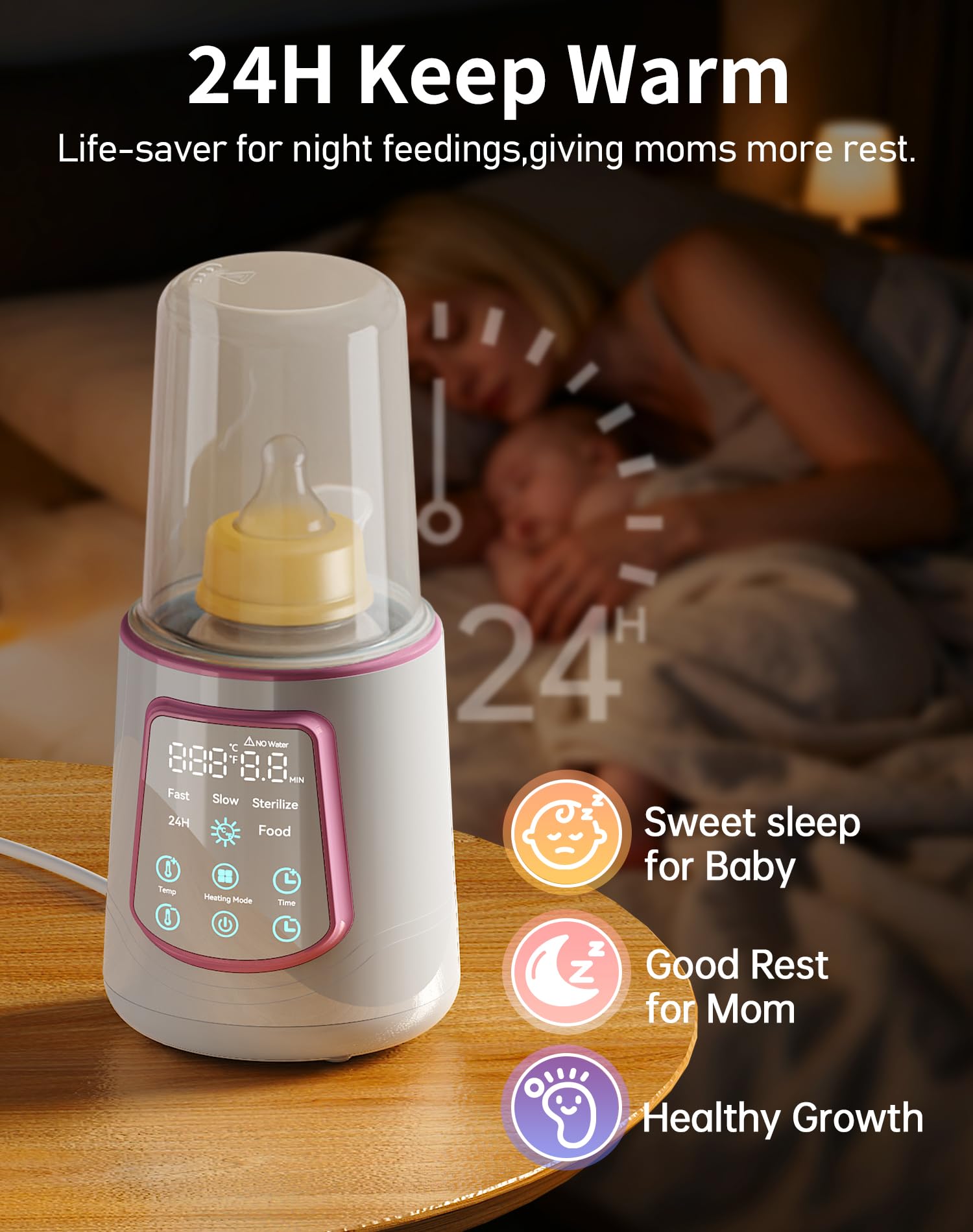 Fast Baby Bottle Warmer for Breastmilk, Smart 12 in 1 Breast Milk Warmer for Baby Essentials with Timer Temperature Control, Sterili-zing, Water Bath Technology, Baby Warmer for All Bottles Pink