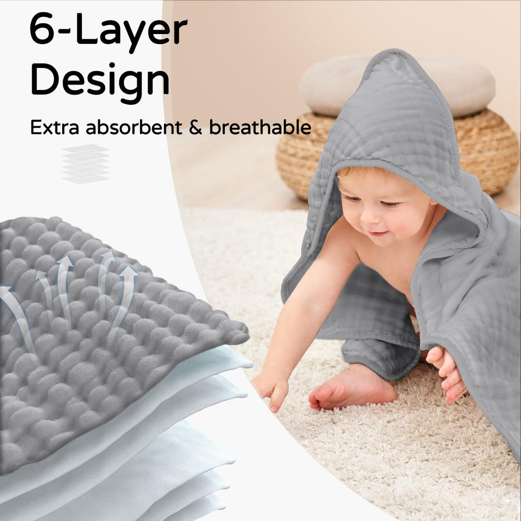 Yoofoss Hooded Baby Towels for Newborn 100% Muslin Cotton Baby Bath Towel with Hood for Babies, Infant, Toddler and Kids, Large 32x32Inch, Soft and Absorbent Newborn Essential