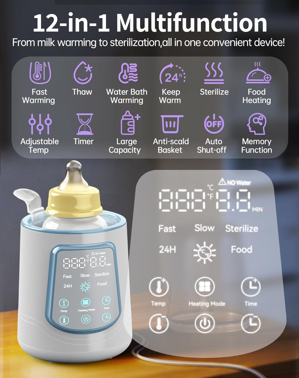 Fast Baby Bottle Warmer for Breastmilk, Smart 12 in 1 Breast Milk Warmer for Baby Essentials with Timer Temperature Control, Sterili-zing, Water Bath Technology, Baby Warmer for All Bottles Pink