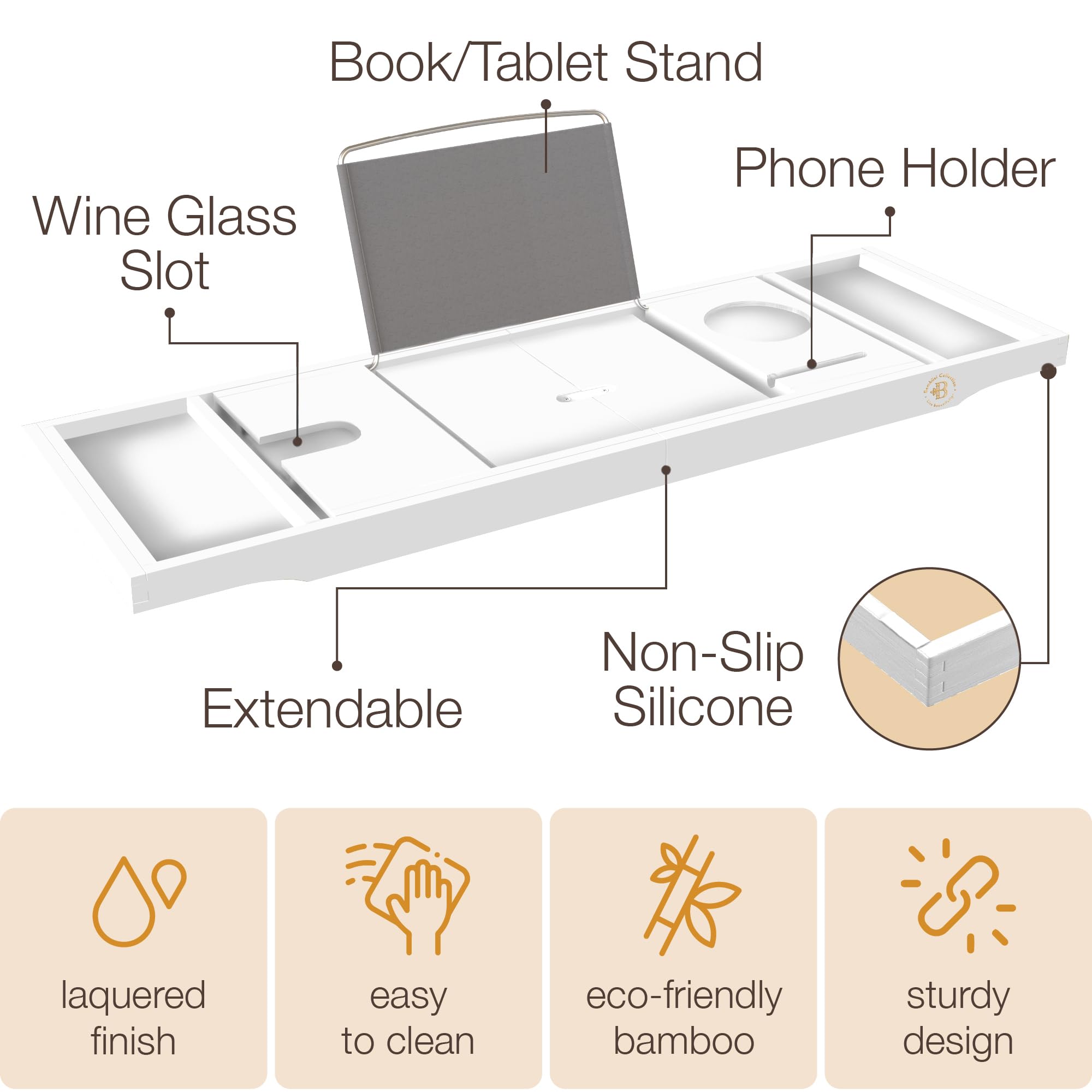 Wooden Bathtub Tray - Foldable & Expandable Bamboo Bath Tray for Tub with Wine Holder, Book & Tablet Stand - Bath Caddy Tray for Bathtub, Spa Bath Accessories, Tub Tray Table, (Brown)