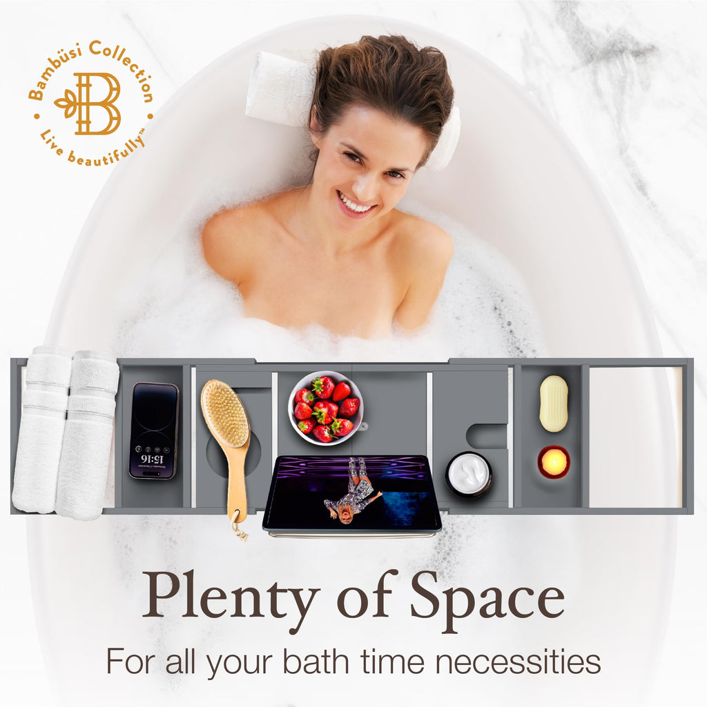 Wooden Bathtub Tray - Foldable & Expandable Bamboo Bath Tray for Tub with Wine Holder, Book & Tablet Stand - Bath Caddy Tray for Bathtub, Spa Bath Accessories, Tub Tray Table, (Brown)