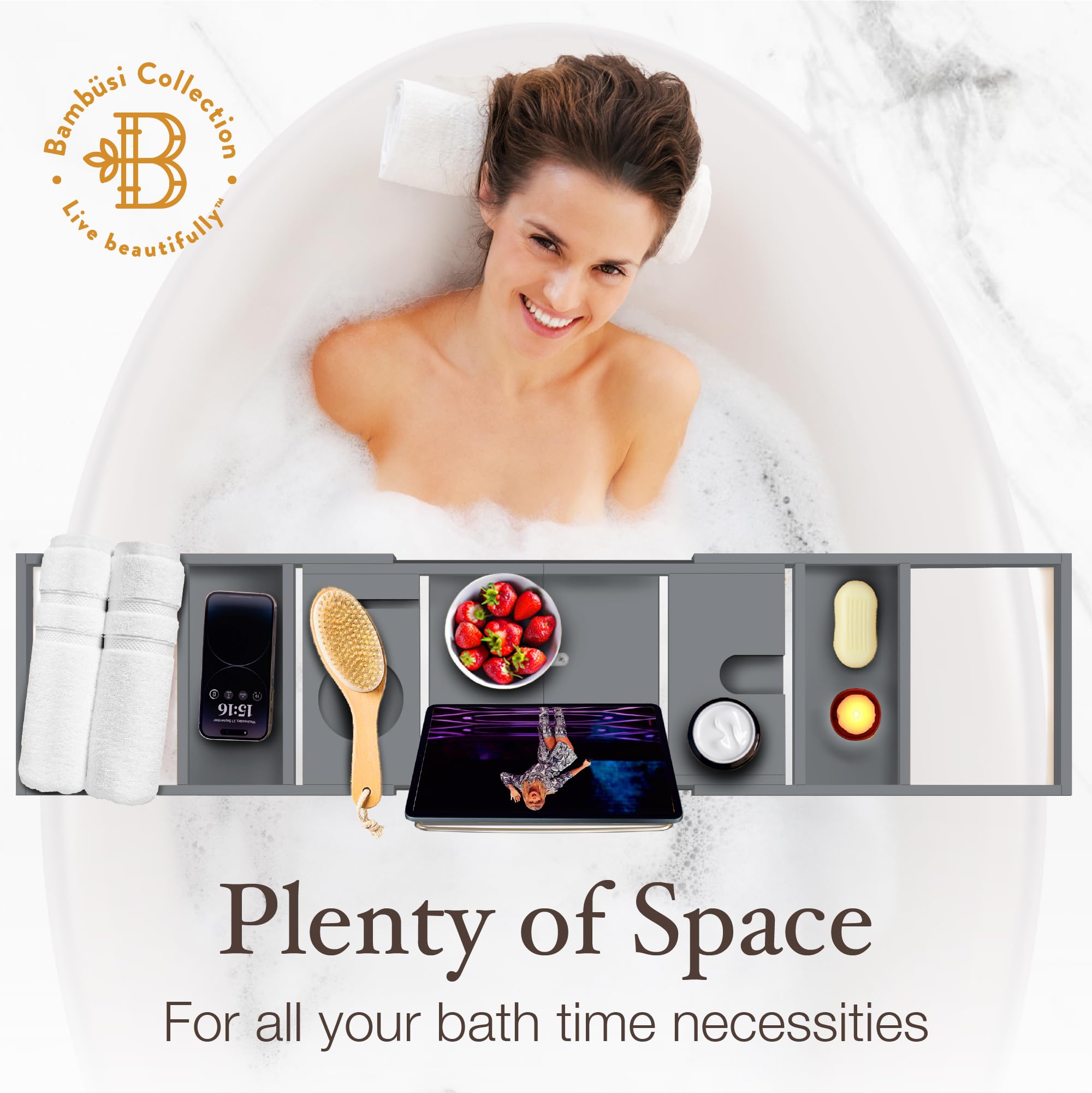 Wooden Bathtub Tray - Foldable & Expandable Bamboo Bath Tray for Tub with Wine Holder, Book & Tablet Stand - Bath Caddy Tray for Bathtub, Spa Bath Accessories, Tub Tray Table, (Brown)