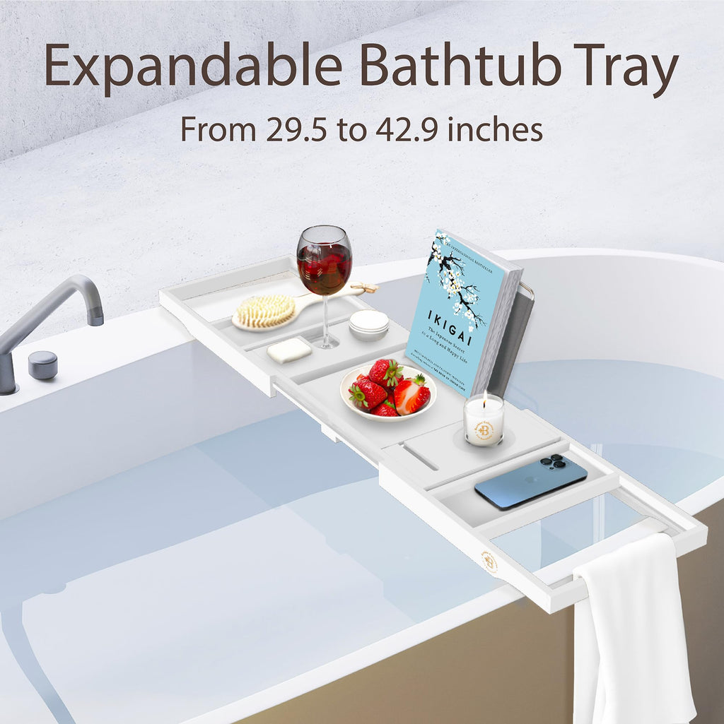 Wooden Bathtub Tray - Foldable & Expandable Bamboo Bath Tray for Tub with Wine Holder, Book & Tablet Stand - Bath Caddy Tray for Bathtub, Spa Bath Accessories, Tub Tray Table, (Brown)