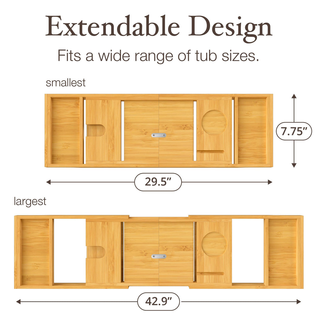 Wooden Bathtub Tray - Foldable & Expandable Bamboo Bath Tray for Tub with Wine Holder, Book & Tablet Stand - Bath Caddy Tray for Bathtub, Spa Bath Accessories, Tub Tray Table, (Brown)