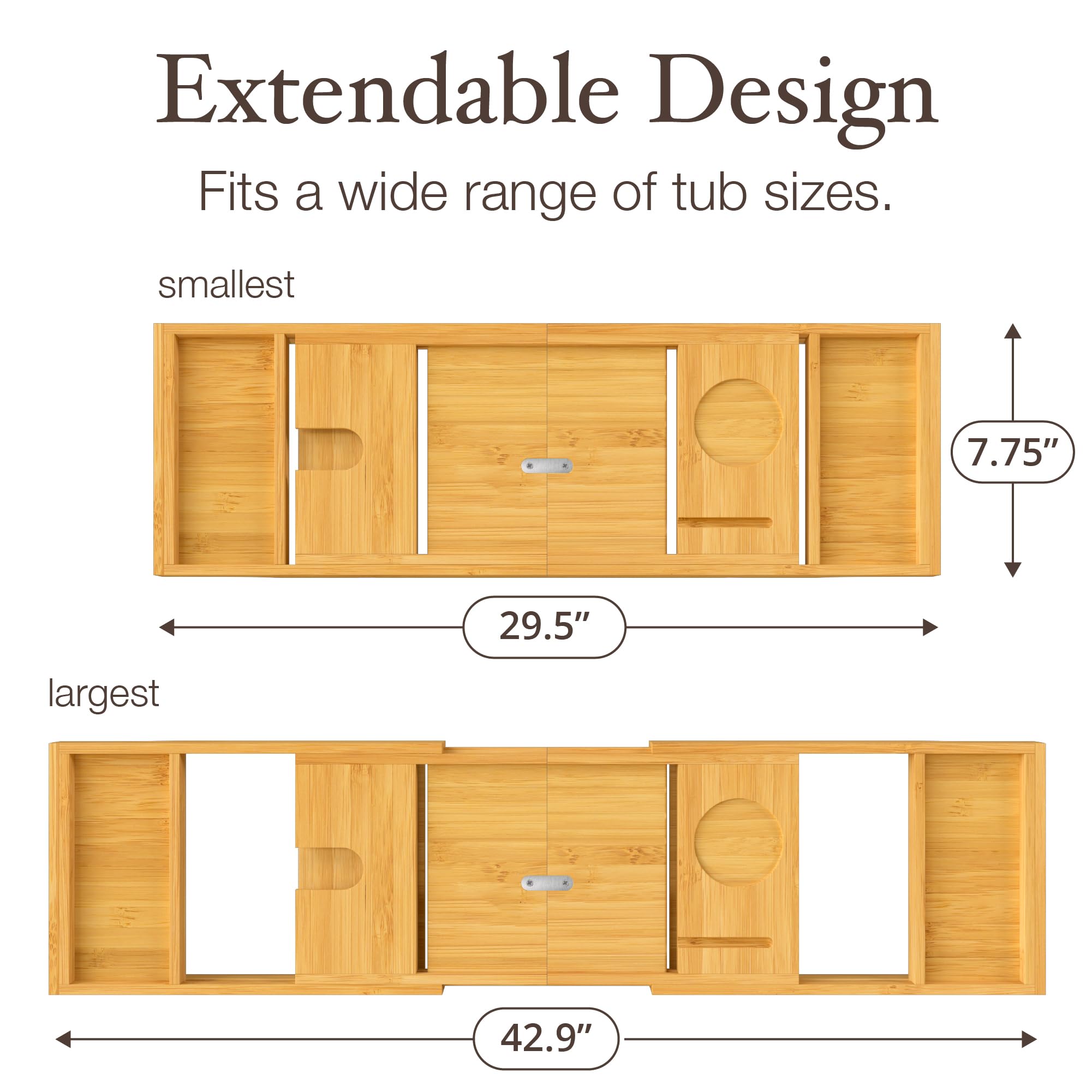 Wooden Bathtub Tray - Foldable & Expandable Bamboo Bath Tray for Tub with Wine Holder, Book & Tablet Stand - Bath Caddy Tray for Bathtub, Spa Bath Accessories, Tub Tray Table, (Brown)