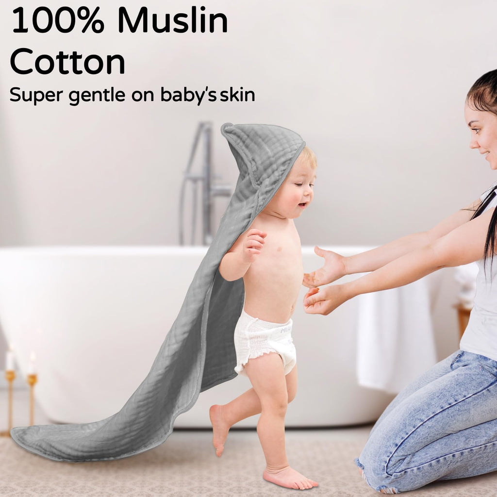 Yoofoss Hooded Baby Towels for Newborn 100% Muslin Cotton Baby Bath Towel with Hood for Babies, Infant, Toddler and Kids, Large 32x32Inch, Soft and Absorbent Newborn Essential