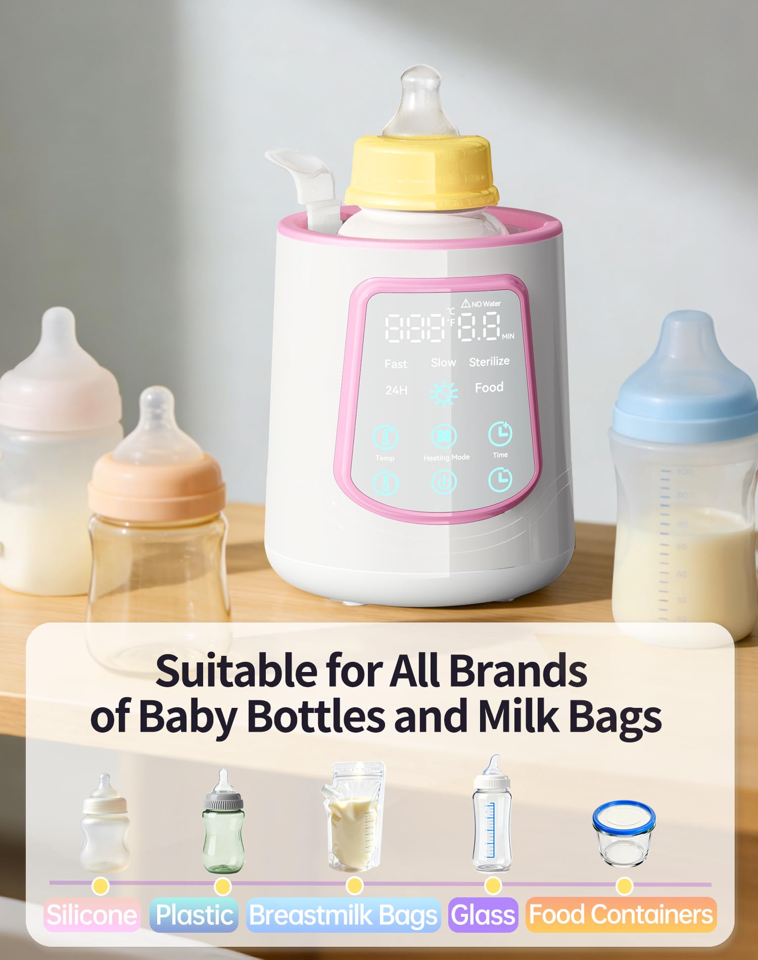 Fast Baby Bottle Warmer for Breastmilk, Smart 12 in 1 Breast Milk Warmer for Baby Essentials with Timer Temperature Control, Sterili-zing, Water Bath Technology, Baby Warmer for All Bottles Pink