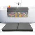 Gray bath tub with a mesh organizer and colorful toys inside, placed over a white bathtub.